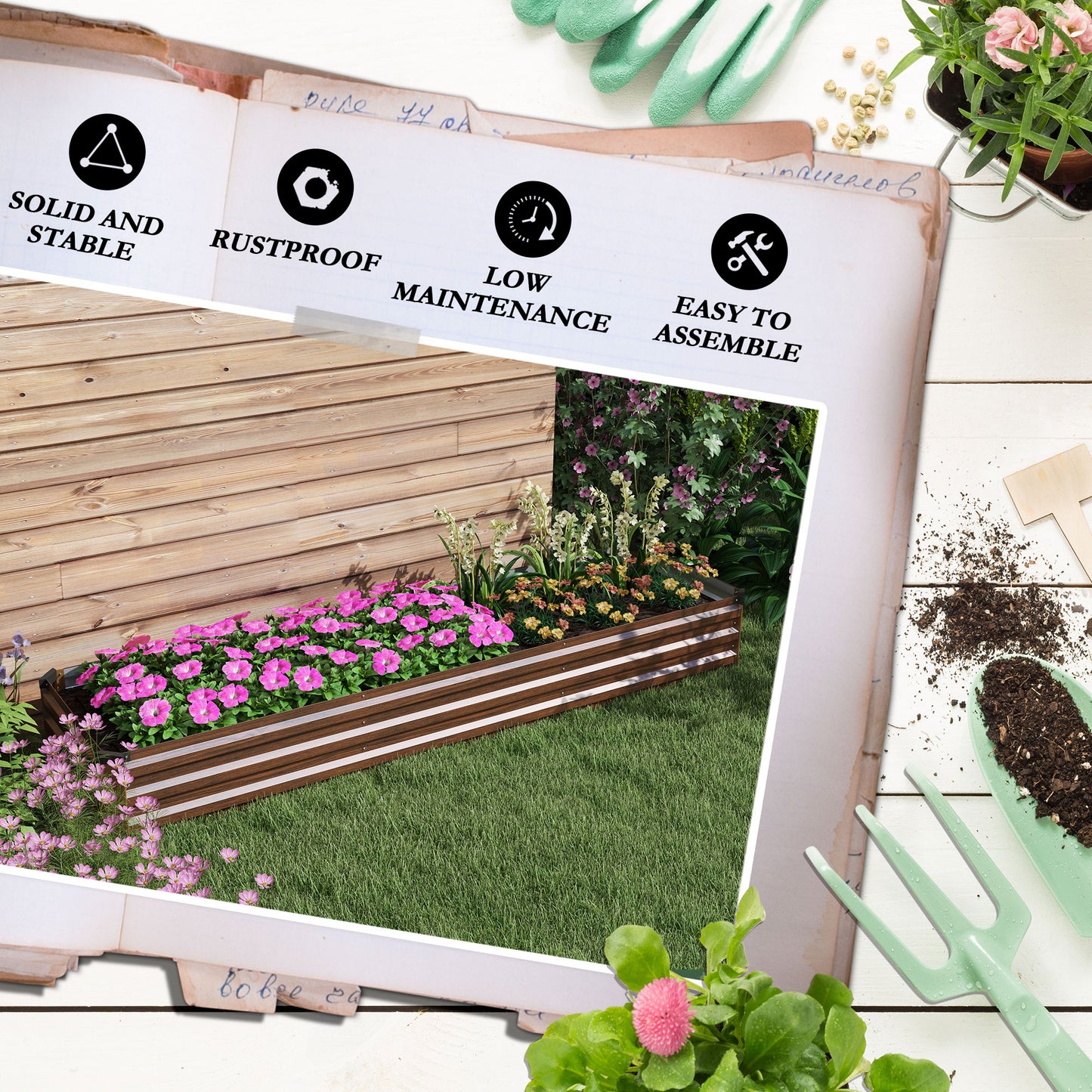Outsunny 60 by 240cm Galvanised Steel Planter Open Bottom Brown Raised Garden Bed