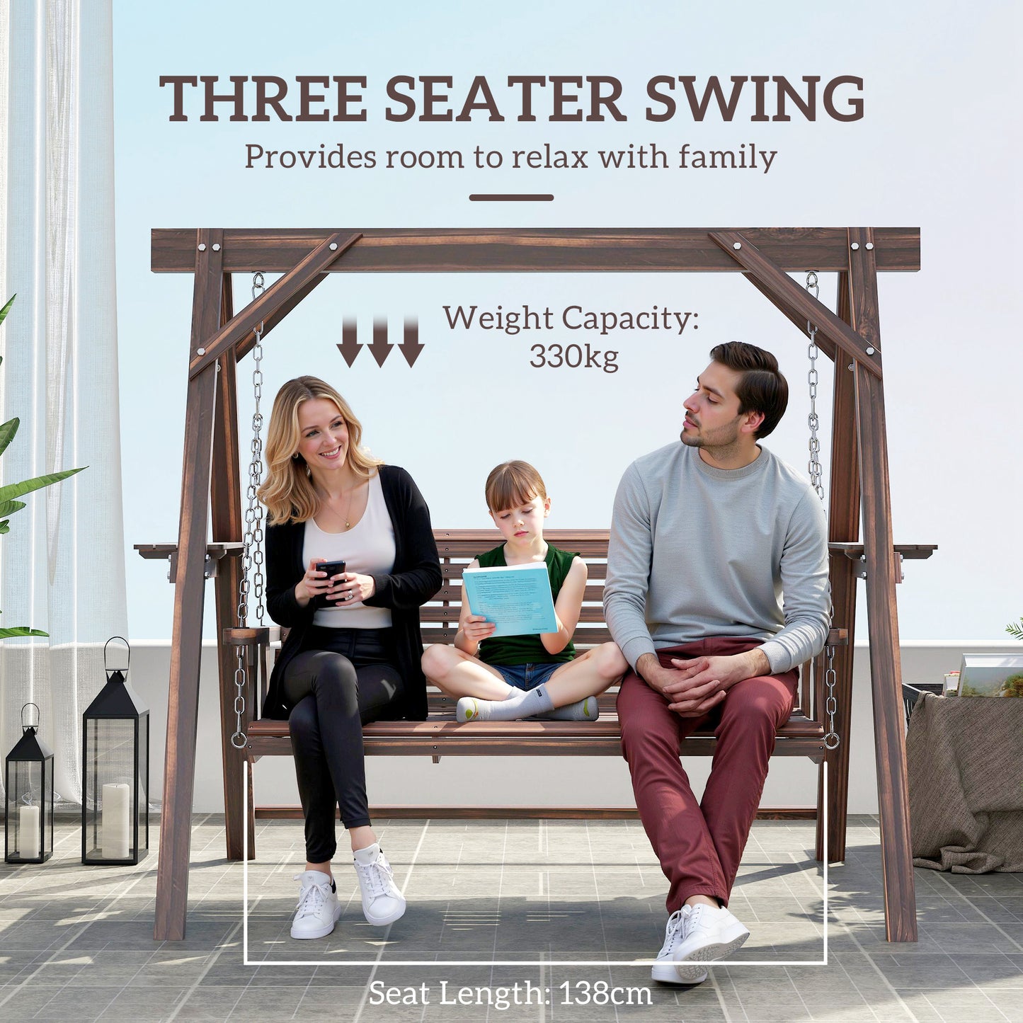 Outsunny 3-Seater Wooden Garden Swing Bench with Canopy – Outdoor Patio Porch Seat