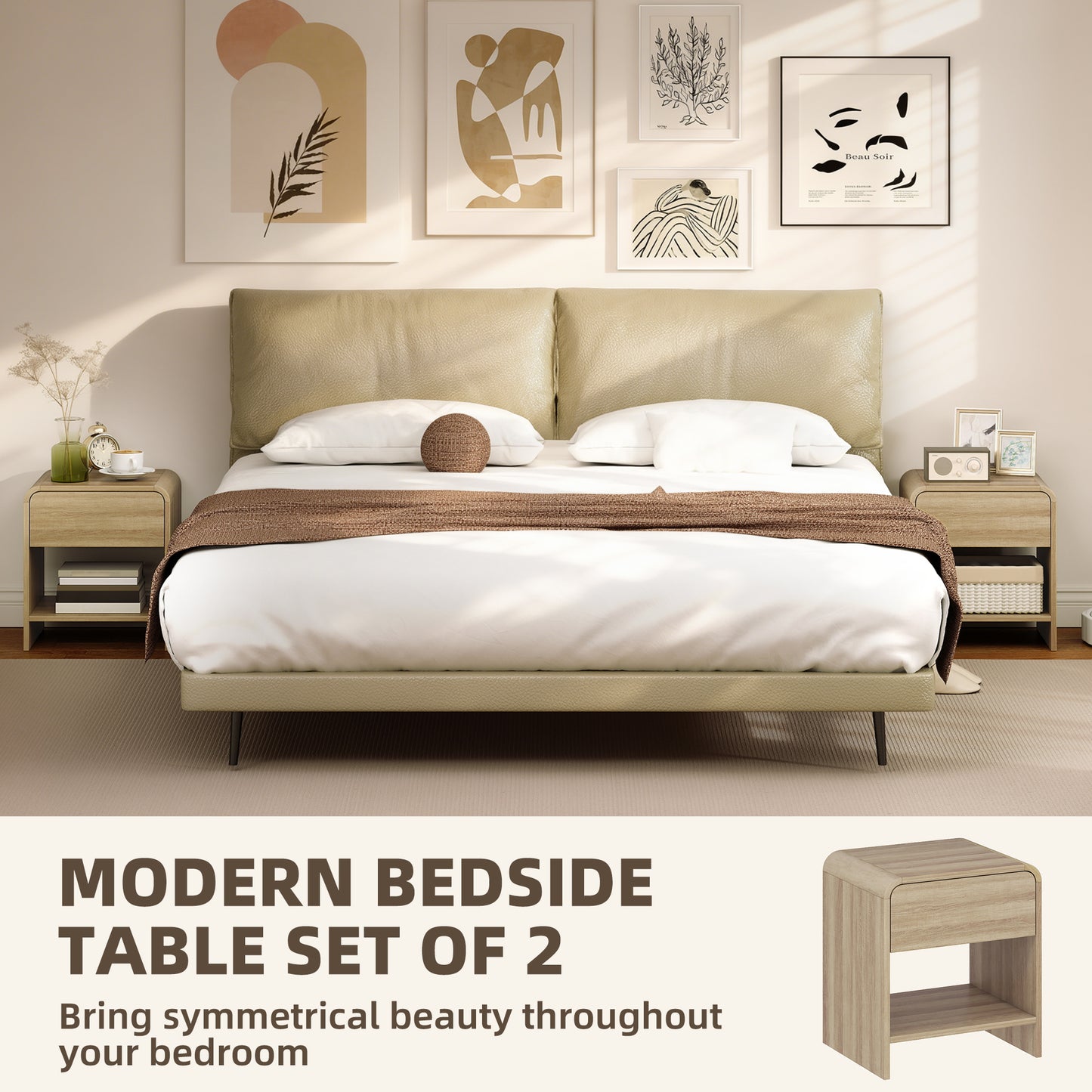 HOMCOM Bedside Tables Set Of 2 With Rounded Corners Modern Nightstands Silent Drawers For Bedroom Natural Finish
