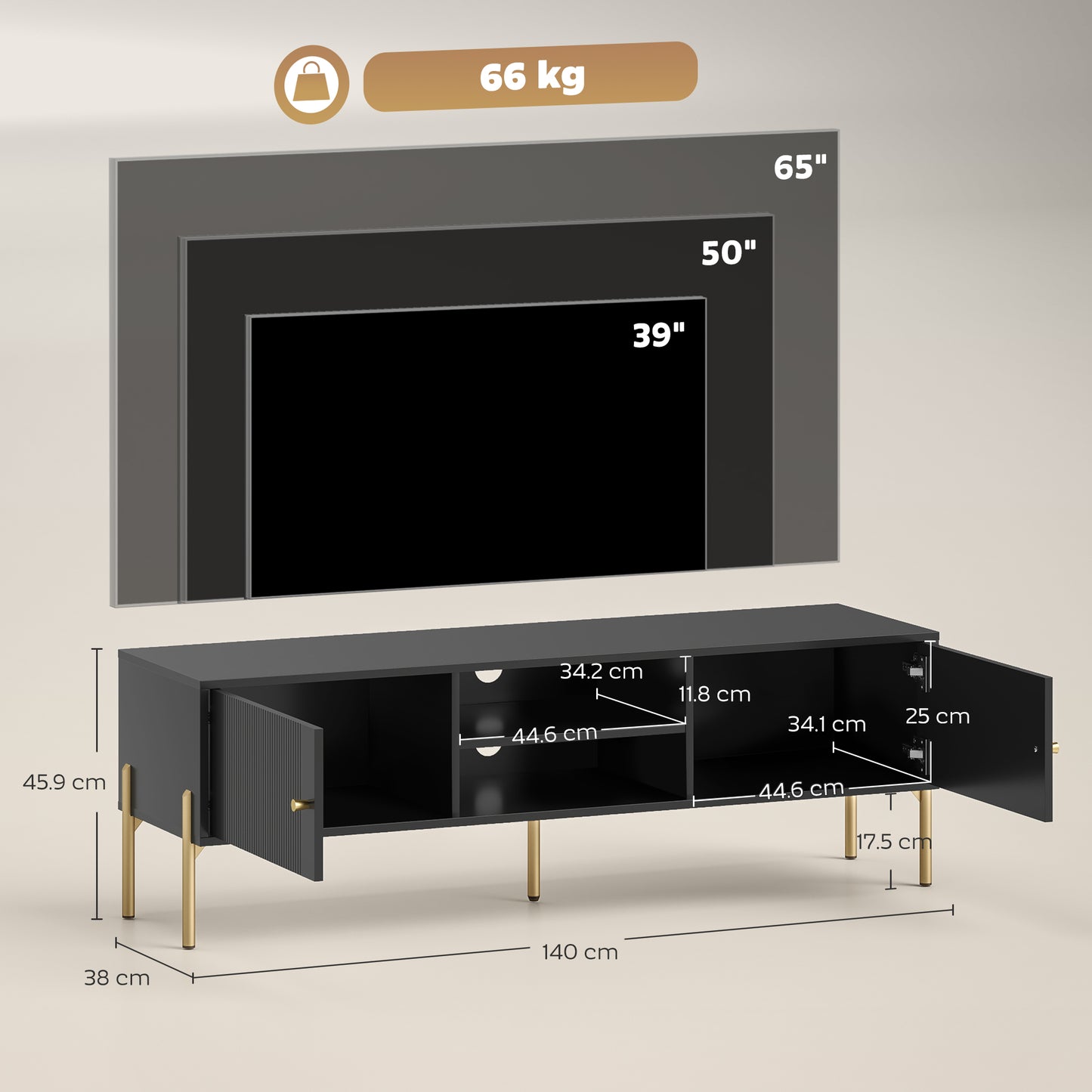 HOMCOM TV Stand for 65 Inch TVs Entertainment Center With Two Open Shelves And Two Cabinets Steel Legs Black