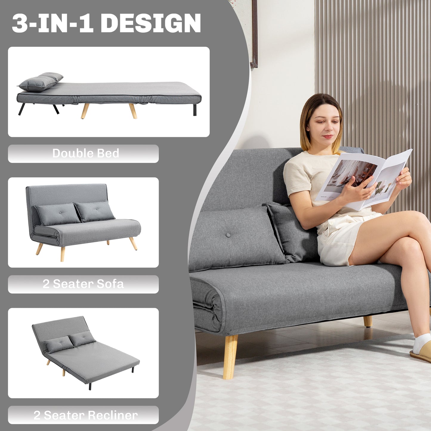 HOMCOM Two Seater Linen Look Sofa Bed in Grey With Click Clack Mechanism For Daybed Or Guest Sleeper