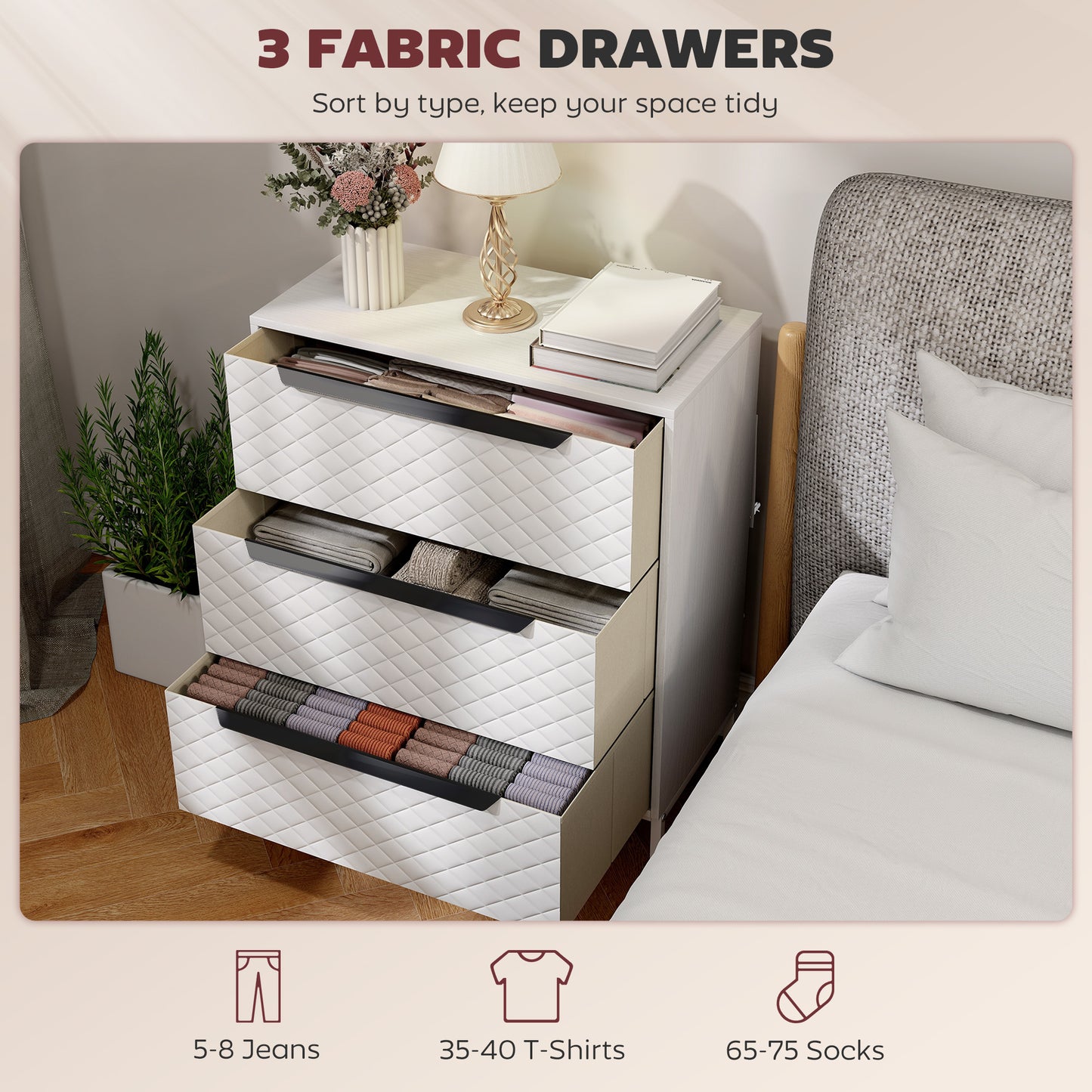 HOMCOM Fabric Chest Of Drawers With Three Drawers And Aluminium Handles White Finish