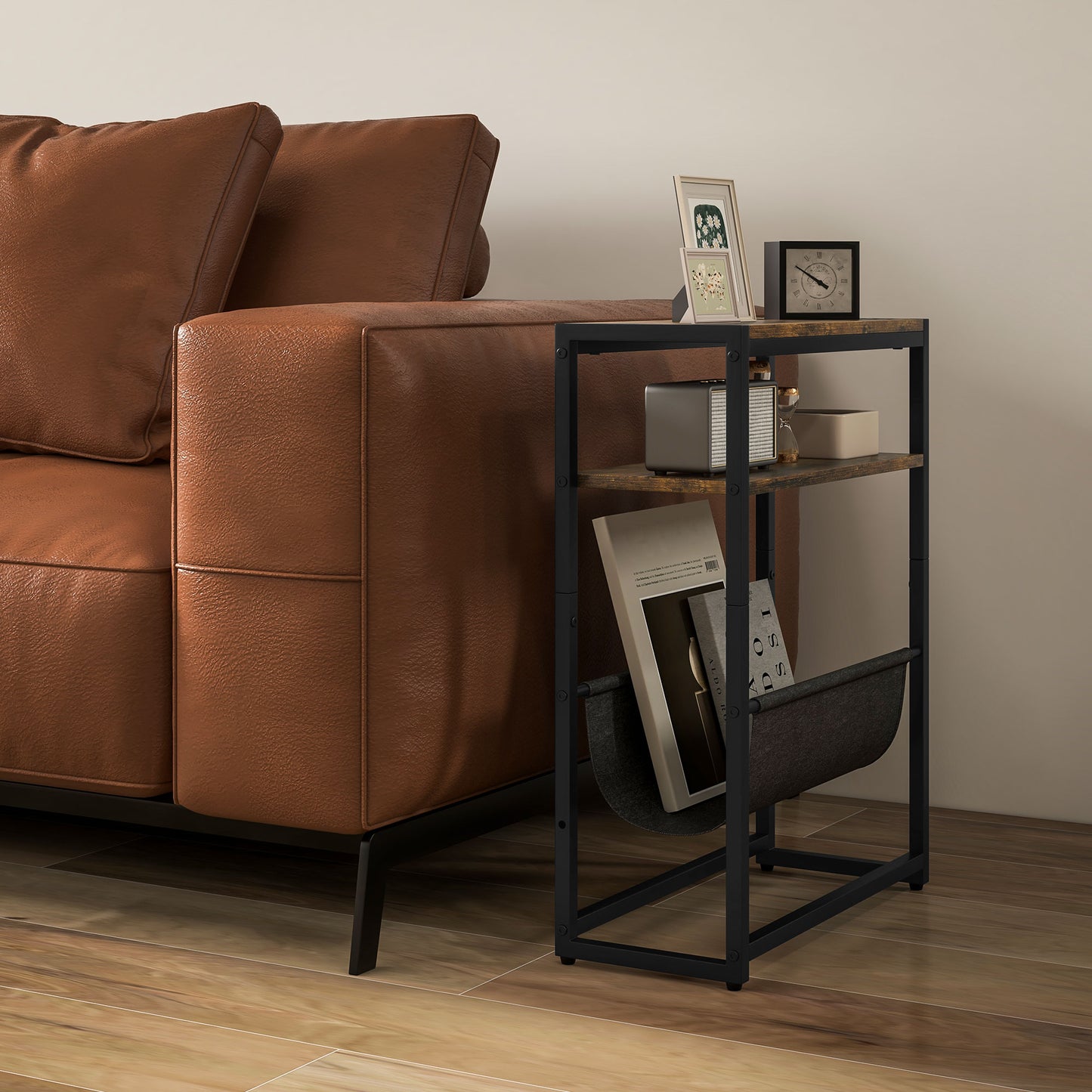 HOMCOM Narrow Side Table End Table With 3 Tier Storage And V Shaped Magazine Holder For Living Room Or Bedroom