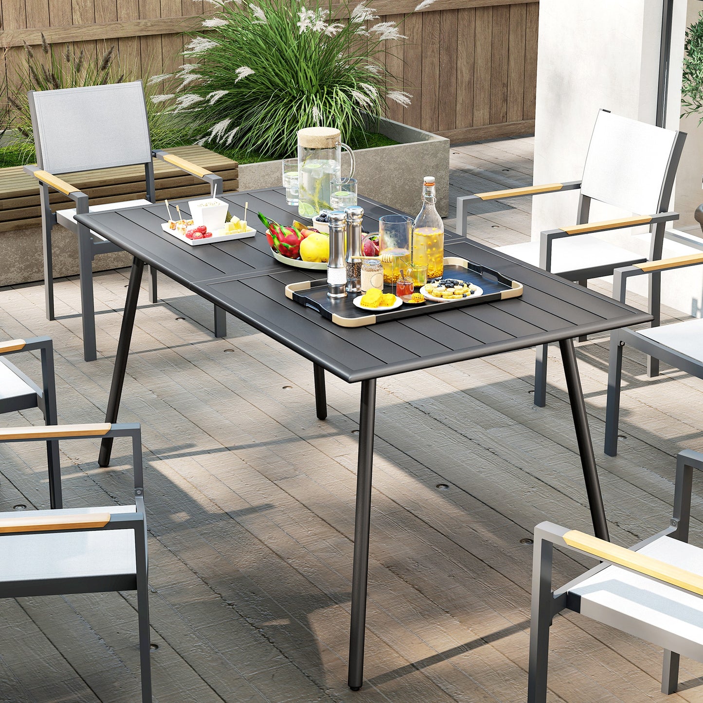 Outsunny Rectangle Garden Table With Slat Top Steel Frame Outdoor Table For Six People 150 x 80 x 74 Cm Grey