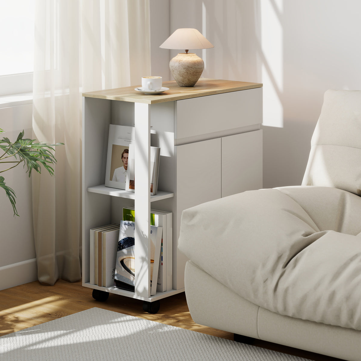 HOMCOM Rolling Kitchen Trolley Cart with Cabinet Drawer and Shelves White