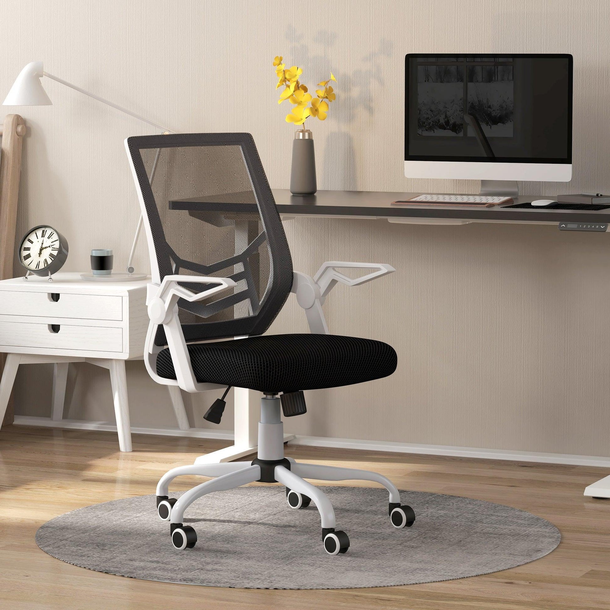 Vinsetto Mesh Office Chair, Computer Desk Chair with Flip-up Armrests, Lumbar Back Support and Swivel Wheels, Black - ALL4U RETAILER LTD