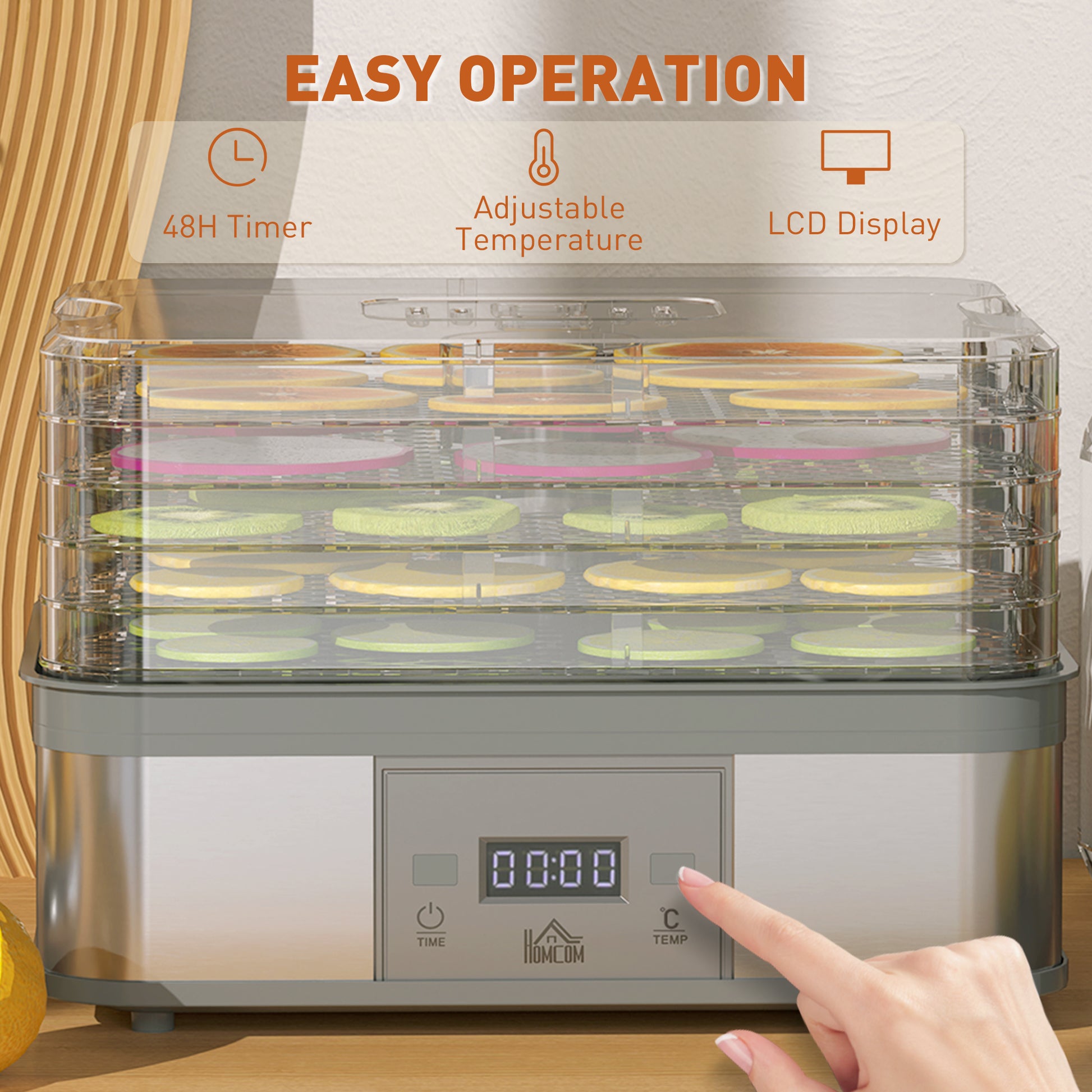 HOMCOM Stainless Steel 5-Tier Food Dehydrator with Adjustable Temperature & Timer - 245W Machine - ALL4U RETAILER LTD