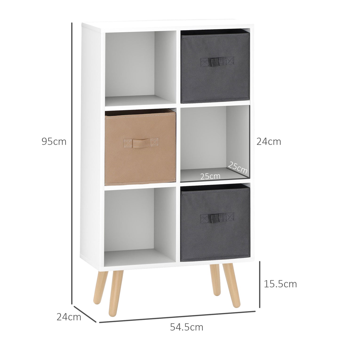 HOMCOM Freestanding 6 Cube Storage Cabinet With 3 Fabric Drawers And Open Shelves White Home Office