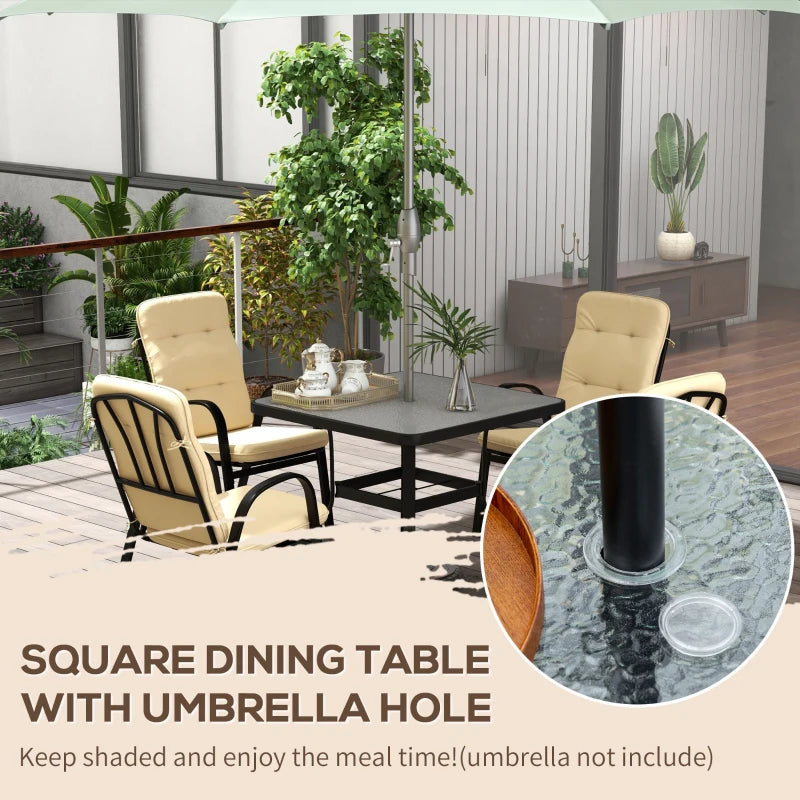 Outsunny 5-Piece Outdoor Square Garden Dining Set with Tempered Glass Dining Table, 4 Cushioned Armchairs, Umbrella Hole - Beige | Stylish Patio Furniture Ensemble for Al Fresco Dining - ALL4U RETAILER LTD