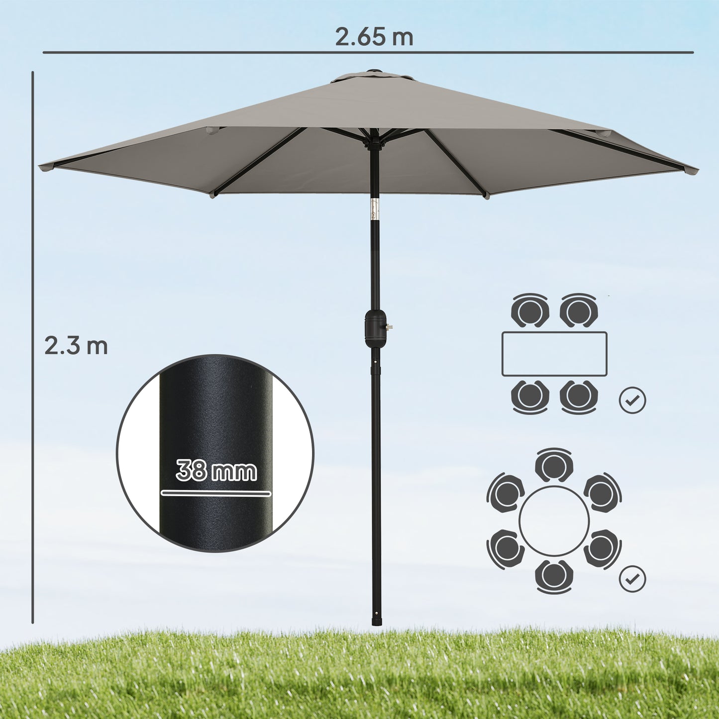 Outsunny 2.6 Meter Garden Parasol Umbrella With Aluminium Pole For Outdoor Patio Tilt And Crank Vent Light Grey