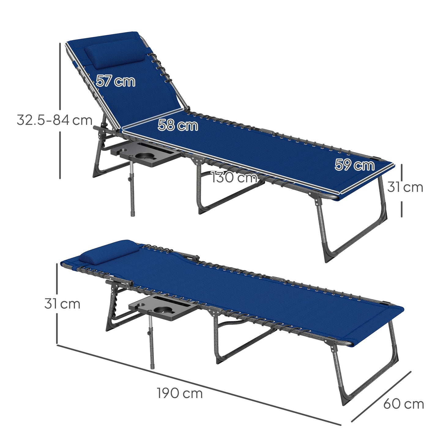 Outsunny Five Position Reclining Sun Lounger Dark Blue Patio Adjustable Lounger With Powder Coated Steel Frame