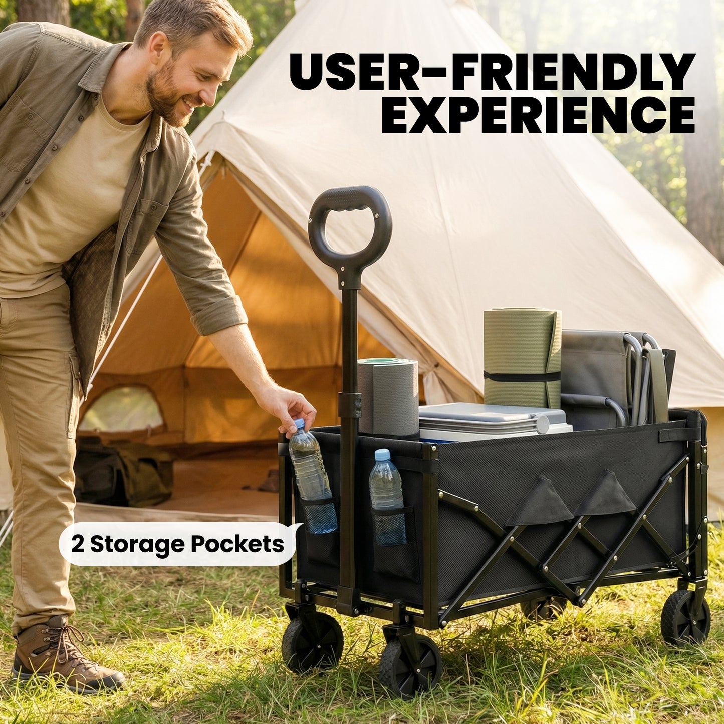 Outsunny 80L Foldable Festival Trolley On Wheels Collapsible Wagon Cart With Drop Down Tailgate Adjustable Handle Black