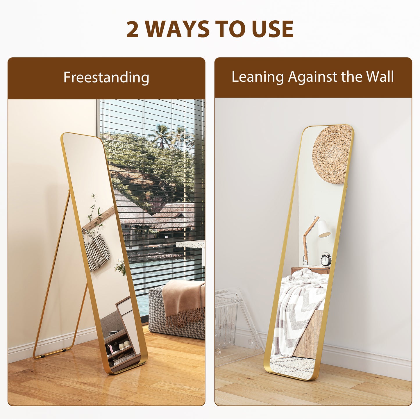 HOMCOM 40 x 160 Cm Rectangular Full Length Mirror Gold Tone With Tilt For Lean Against Wall Or Free Standing Bracket