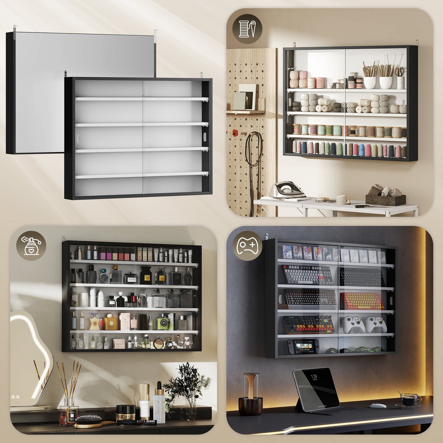 HOMCOM Five Tier Wall Display Cabinet With Glass Doors 60x80 cm Black And White Four Adjustable Shelves