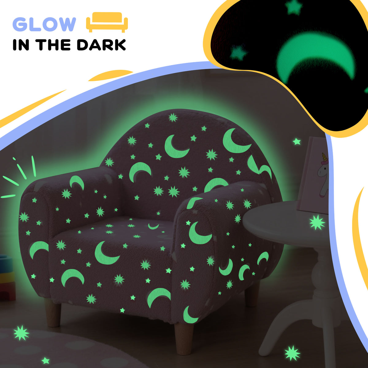 Glow-in-the-dark kids armchair with star and moon pattern emitting green light