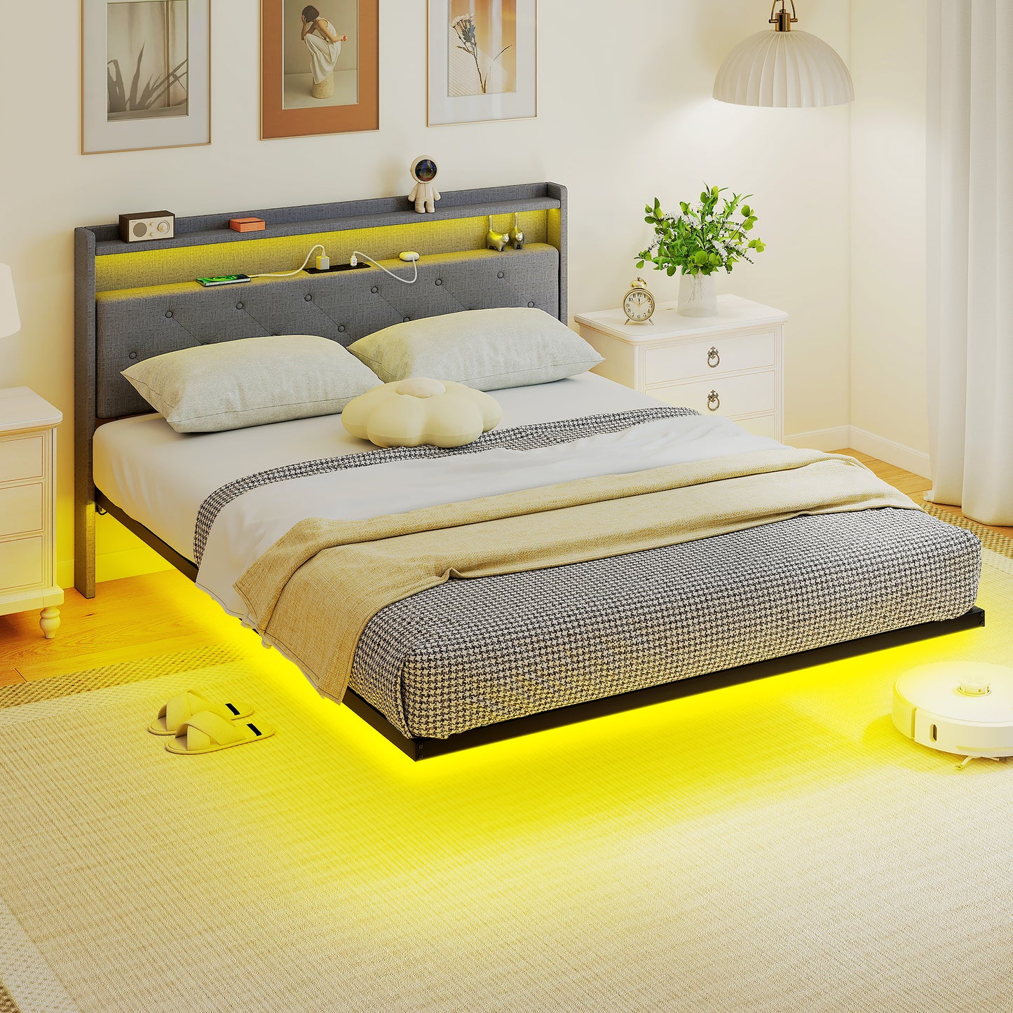 HOMCOM Floating Bed Frame With Upholstered Headboard King Size 5Ft Platform Bed RGB LED Lights And Charging Station Grey