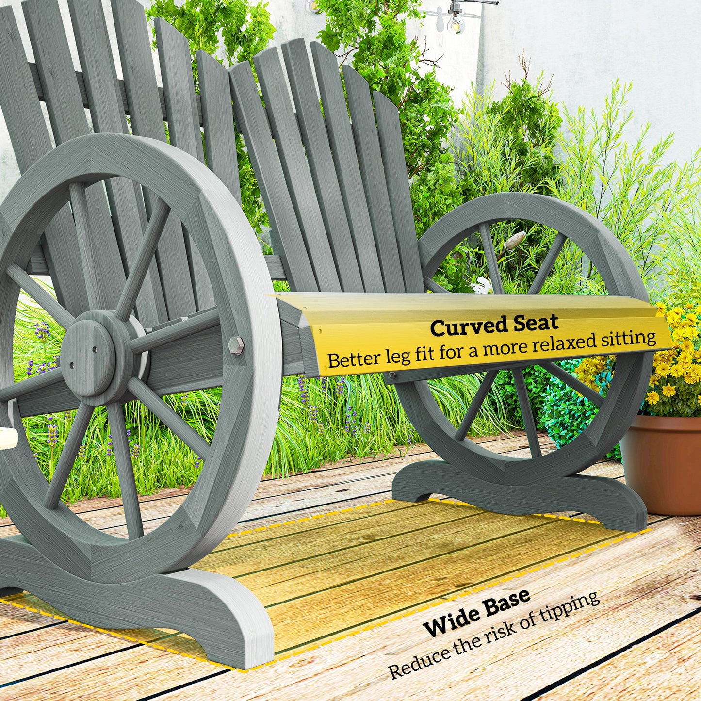 Outsunny Fir Wood Love Seats With Wheel-Shaped Armrests Large Load-Bearing Outdoor Patio Grey