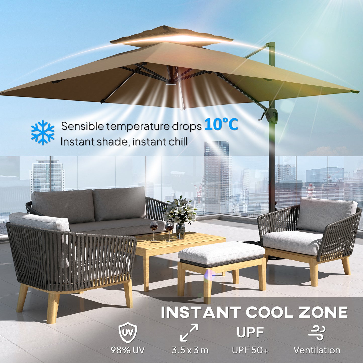 Outsunny Multi Angle LED Light Parasol Umbrella With Solar Powered Lights UPF 50 Plus Canopy Tiltable 360 Degree Swivel