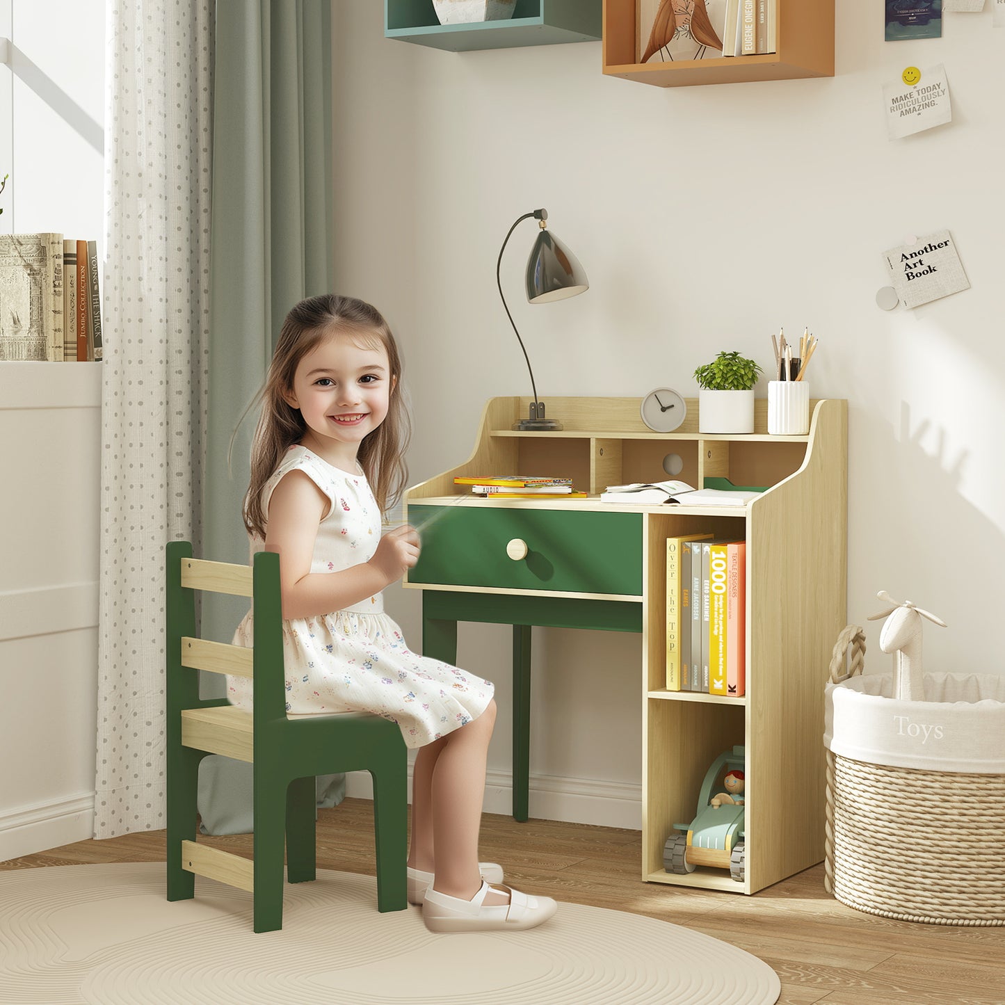 AIYAPLAY Kids Desk and Chair Set with Storage Shelves and Drawer in Green for Homework and Creative Play