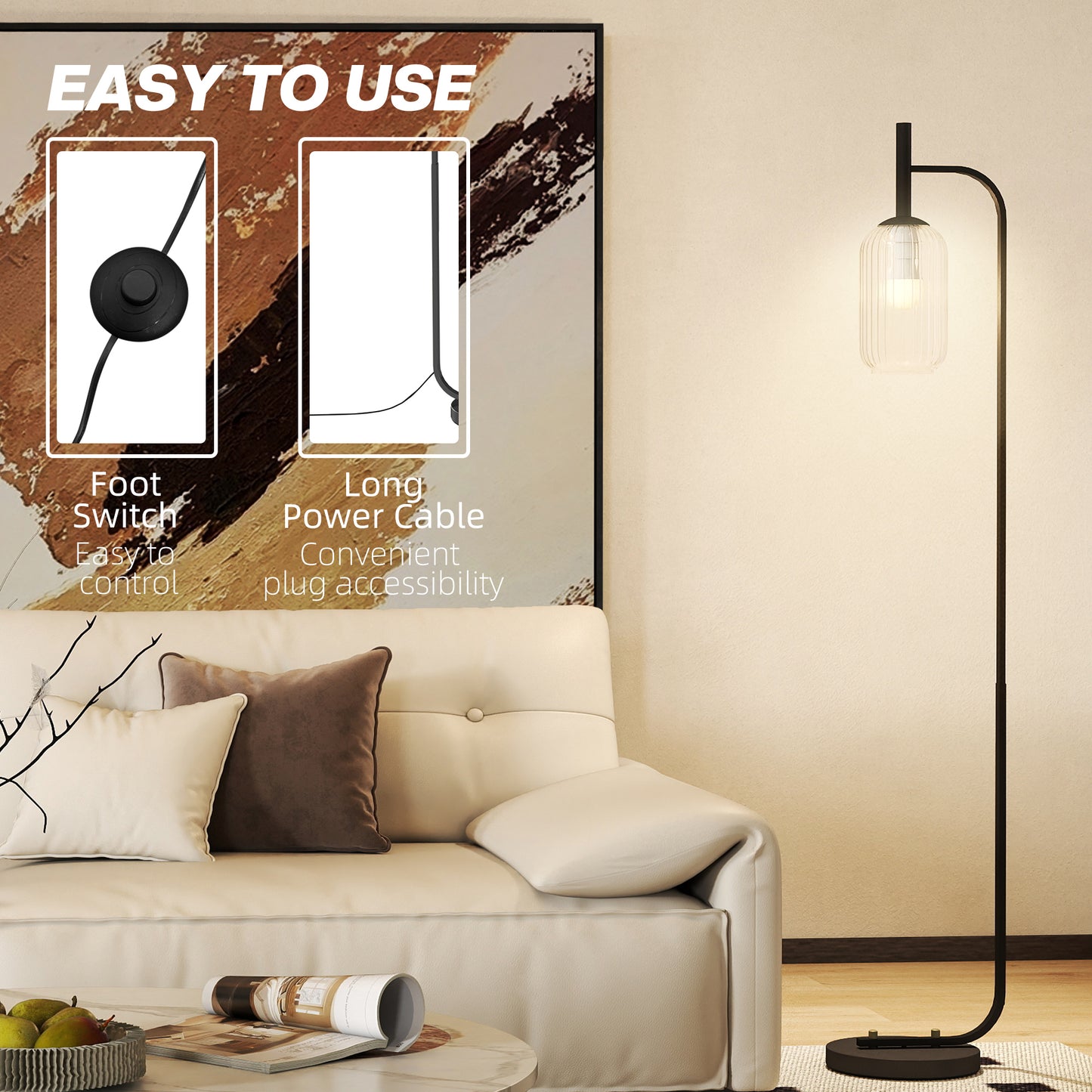 HOMCOM Floor Lamp Glass Shade Modern Standing Lamp With Foot Switch Black Bulb Not Included For Living Room Or Bedroom