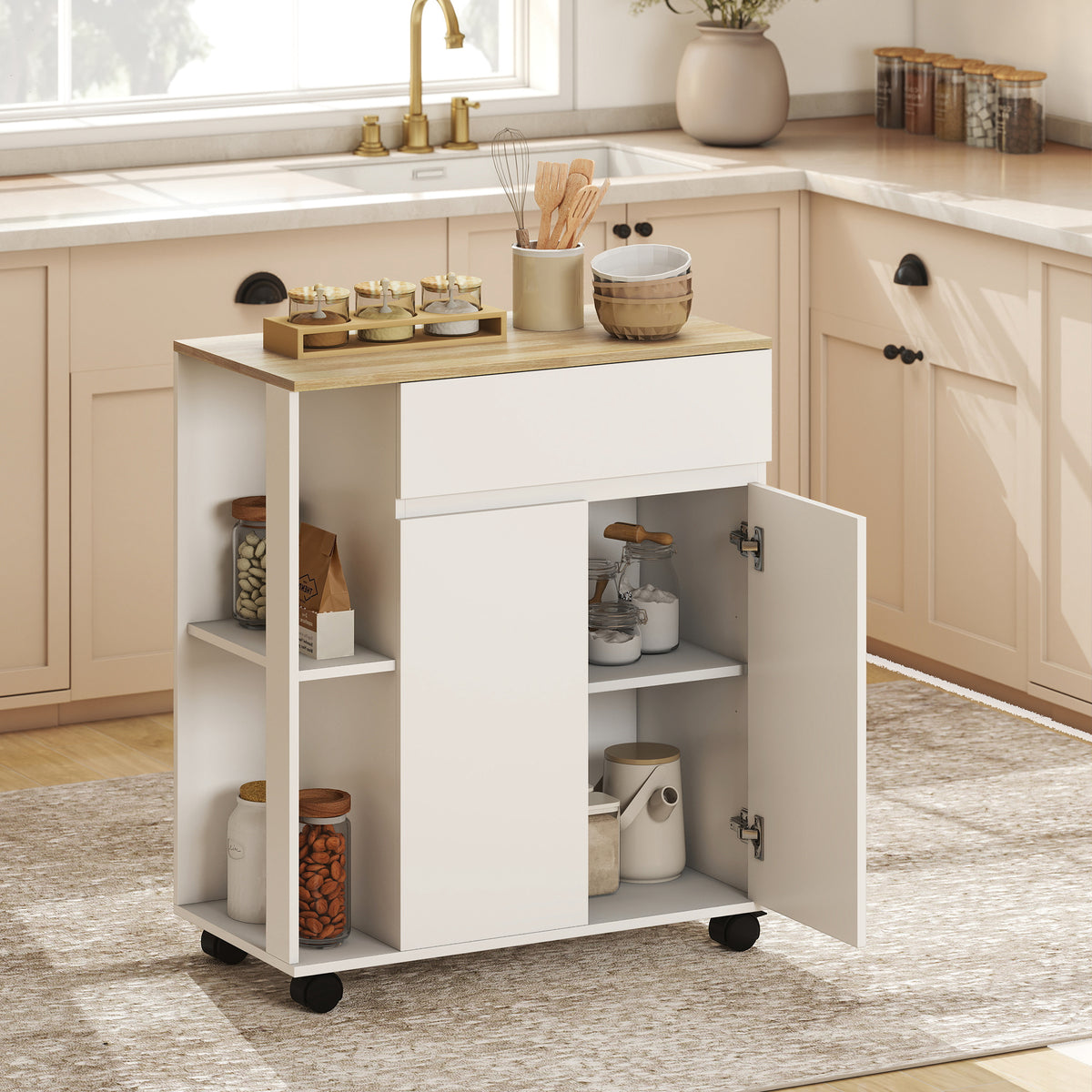 HOMCOM Rolling Kitchen Trolley Cart with Cabinet Drawer and Shelves White