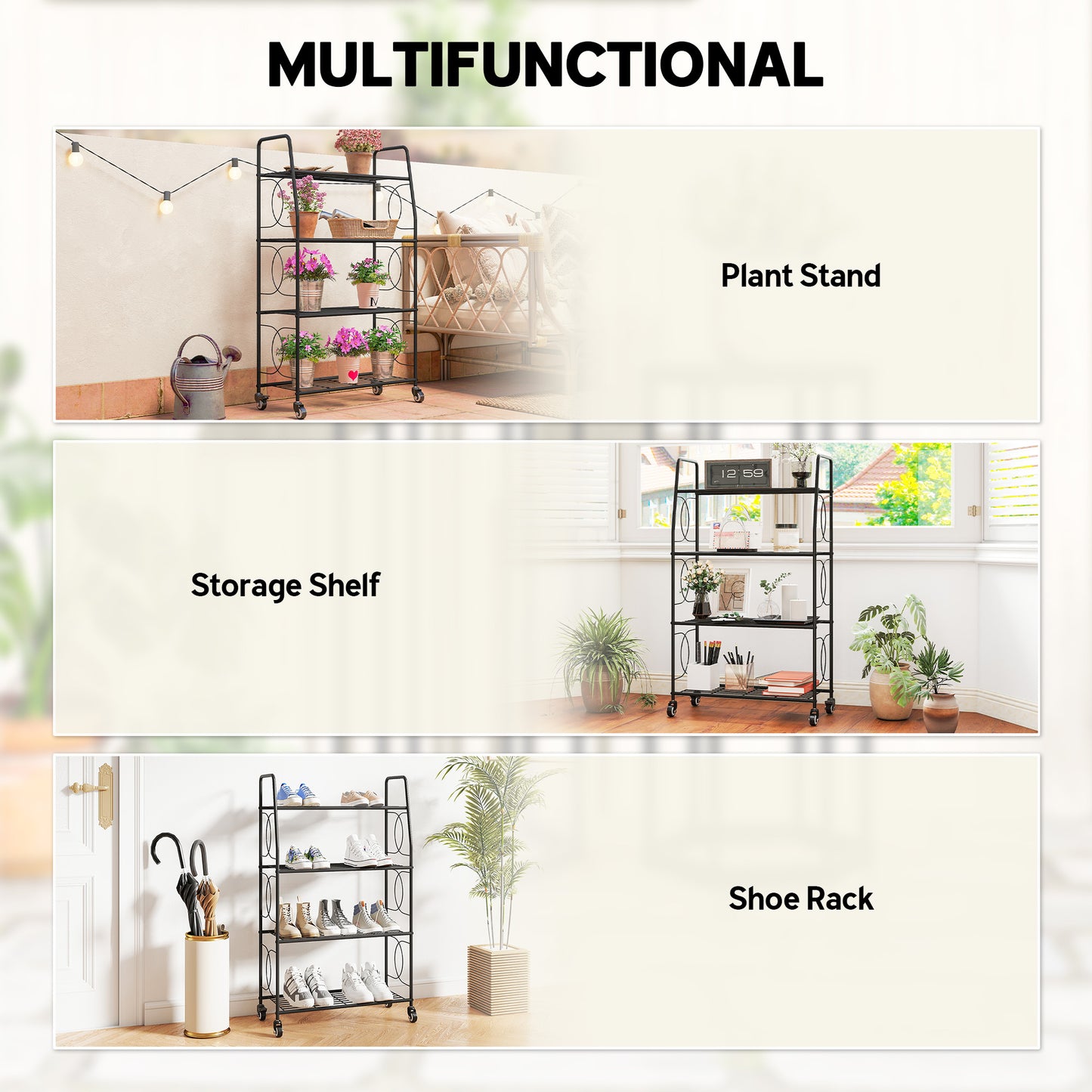 Outsunny 4-Tier Metal Plant Stand With Lockable Wheels Heavy Duty Ladder Shelf For Potted Plants