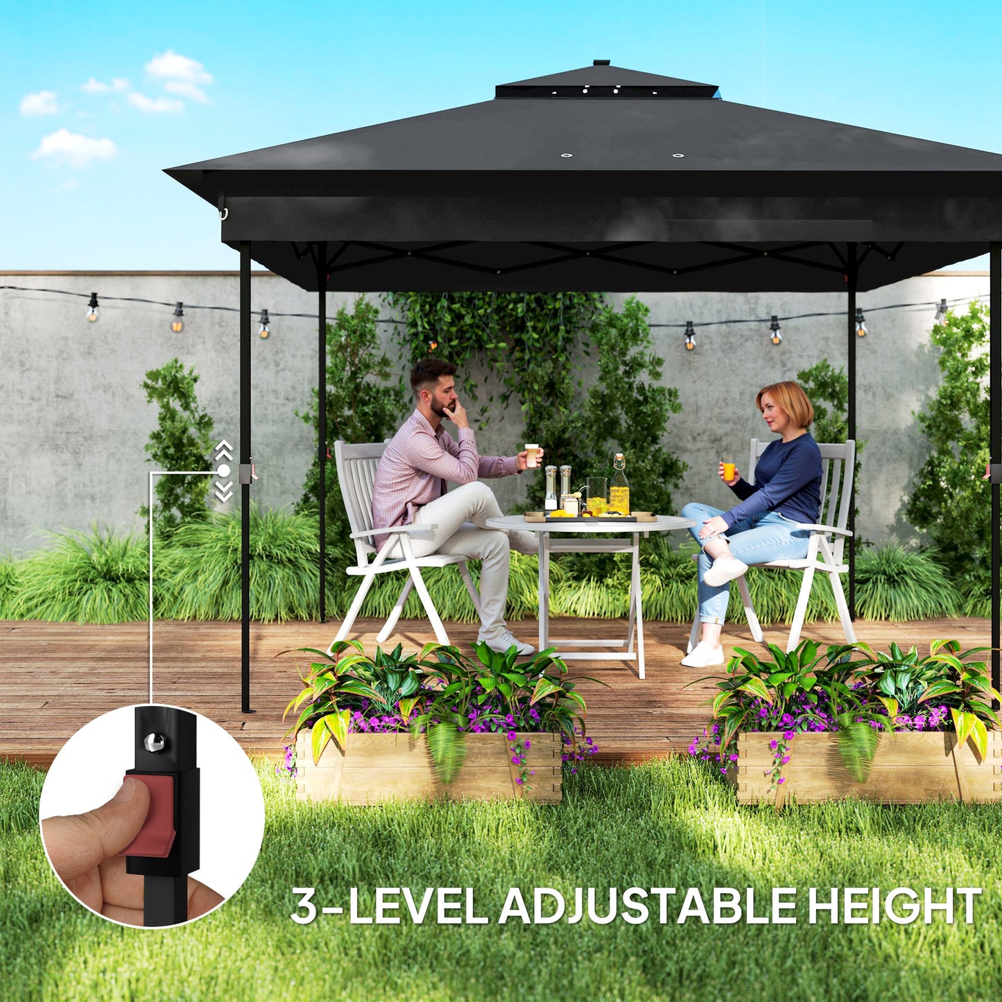 Outsunny 3.36 x 3.36m Pop Up Gazebo With Solar Powered LED Lights Netting Adjustable Height 250 To 270cm Black