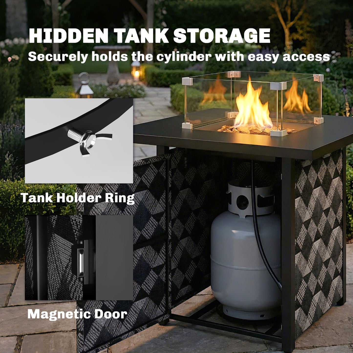 Outsunny Square Propane Gas Fire Pit Table With Glass Wind Guard 12 KW Patio Heater Lava Rocks Gas Tank Holder