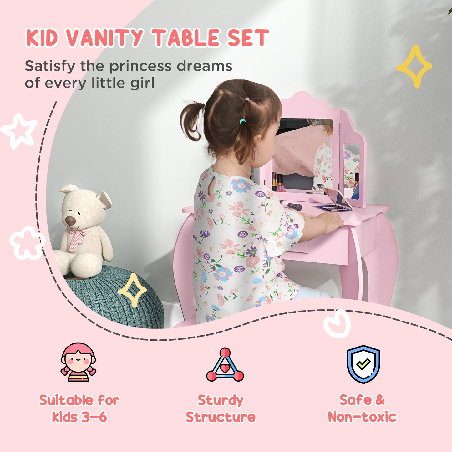 HOMCOM Kids Vanity Table And Chair Set With Tri Folding Mirror Pink Makeup Dressing Table With Drawer