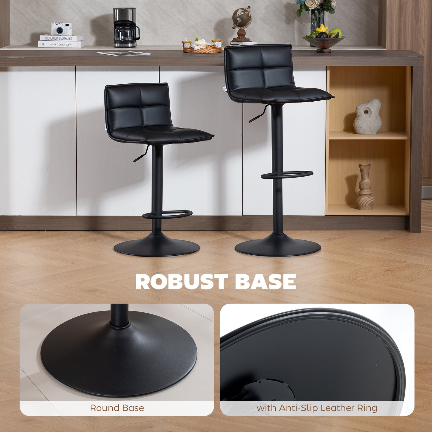 HOMCOM Set Of Two Modern Faux Leather Bar Stools With Gas Lift And 360 Degree Swivel, Adjustable Height 64-85 Cm, Black