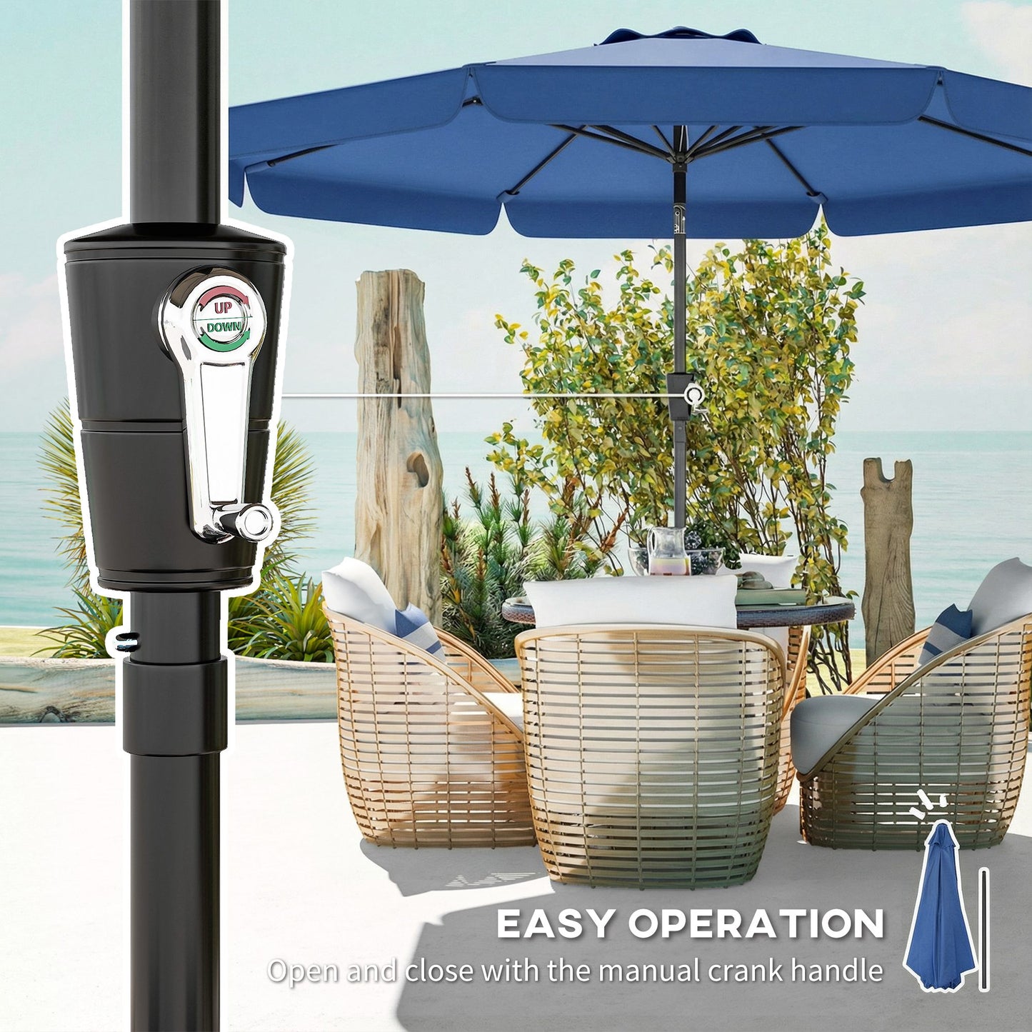 Outsunny 3 Meter Garden Parasol With Tilt Mechanism And Crank Handle UPF 30 Patio Umbrella For Outdoor Tables Dark Blue
