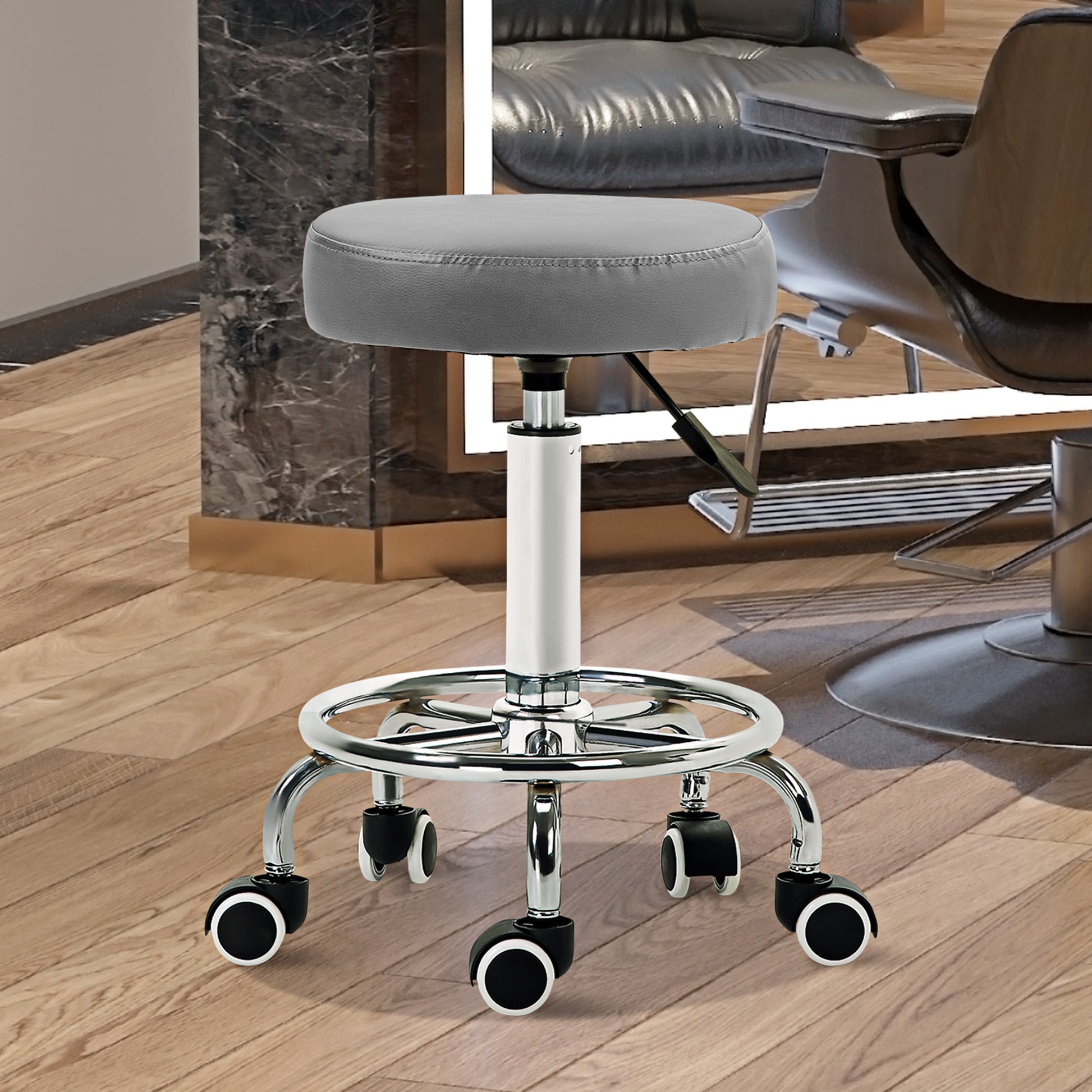 HOMCOM Adjustable Grey PU Leather Rolling Stool with Wheels for Salon and Spa - ALL4U RETAILER LTD