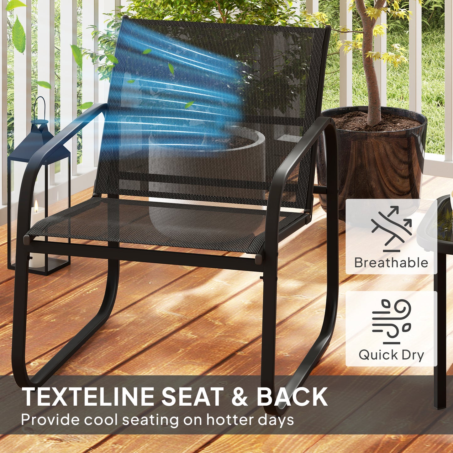 Outsunny Three Piece Garden Seating Set With Square Glass Top Table Two Armchairs Black Powder Coated Steel