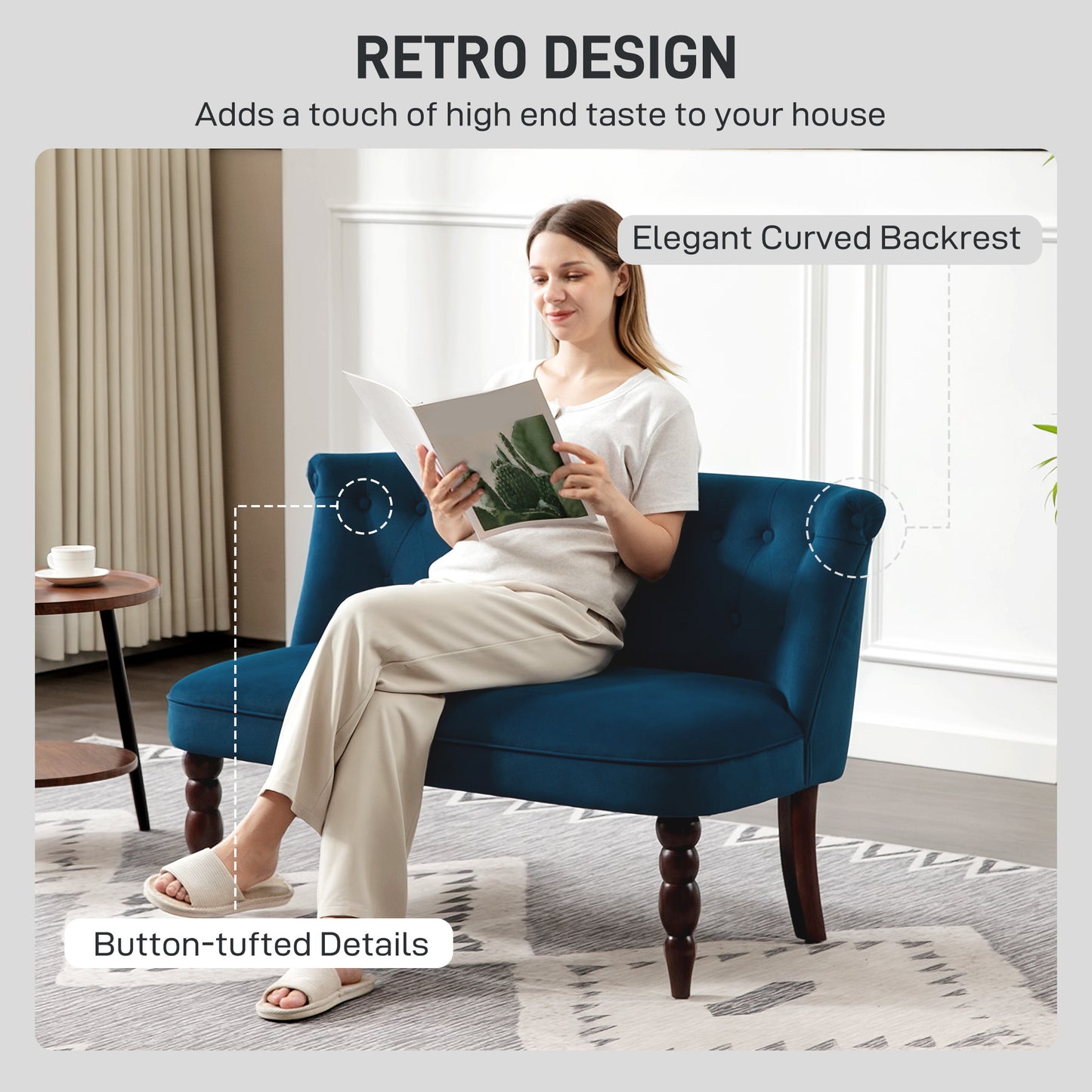 HOMCOM Velvet 2 Seater Sofa Button Tufted Wingback Loveseat Rubber Wood Legs Dark Blue for Living Room Bedroom