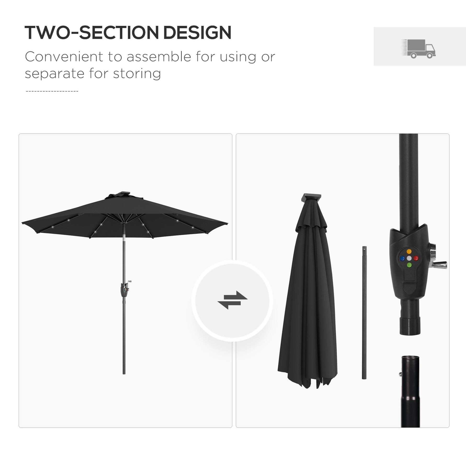 Outsunny Solar-Powered LED Garden Umbrella with Adjustable Tilt and Hand Crank, 2.7m Outdoor Patio Shade, Black - ALL4U RETAILER LTD