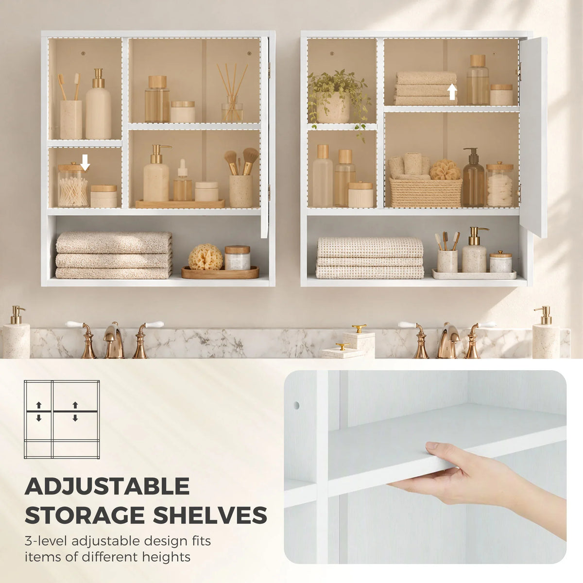 White bathroom mirror cabinet with adjustable storage shelves for different item heights