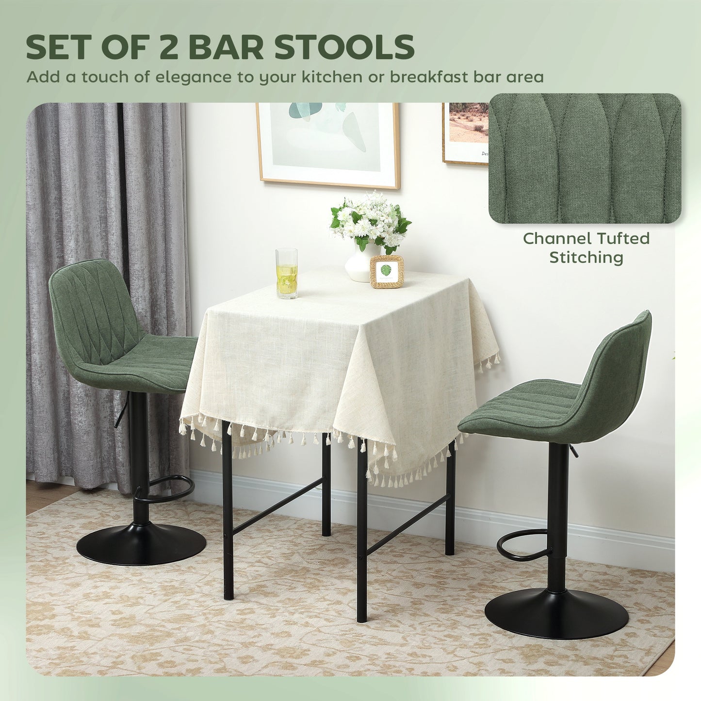 HOMCOM Breakfast Bar Stools Set of 2 Linen Upholstery Adjustable Height 60 to 80 cm Green
