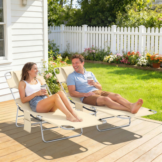 Outsunny 5 Position Adjustable Sun Loungers Set Of 2 With Reading Hole And Side Pocket Beige