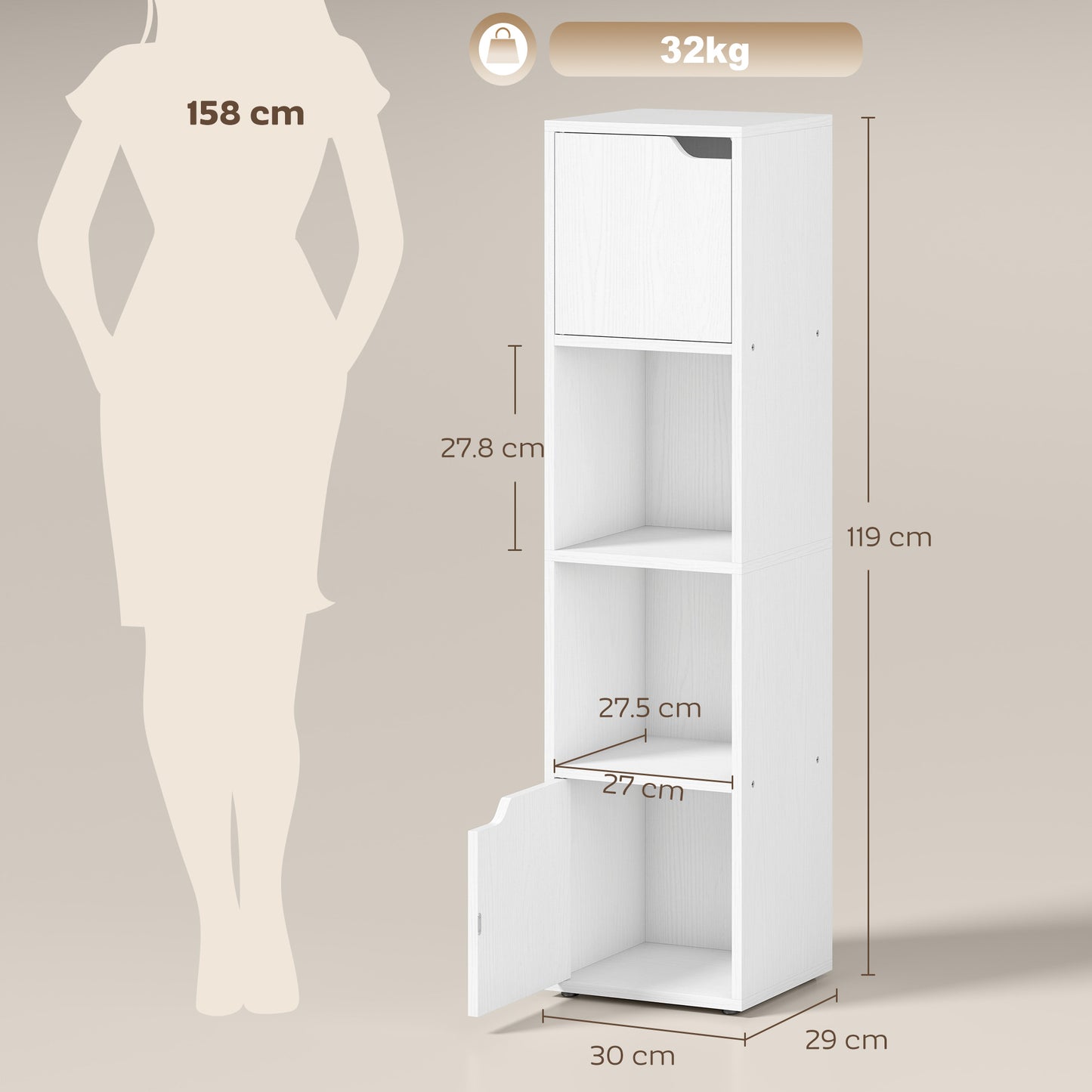 HOMCOM Narrow 4 Tier Bookcase With Doors Storage Cabinet White For Living Room And Bedroom