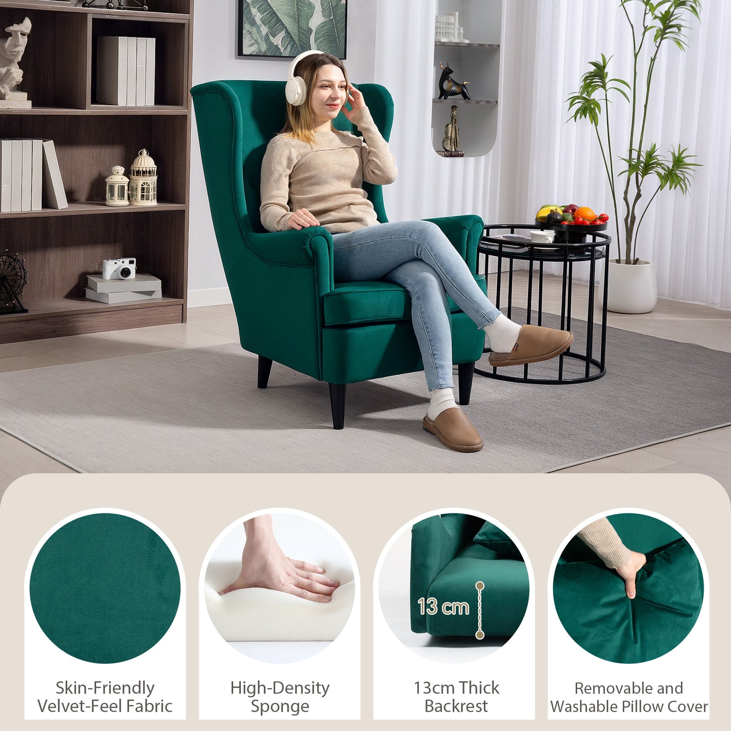 HOMCOM Modern Accent Chair With High Back Wingback Design Velvet Feel Upholstery Green Solid Wood Legs