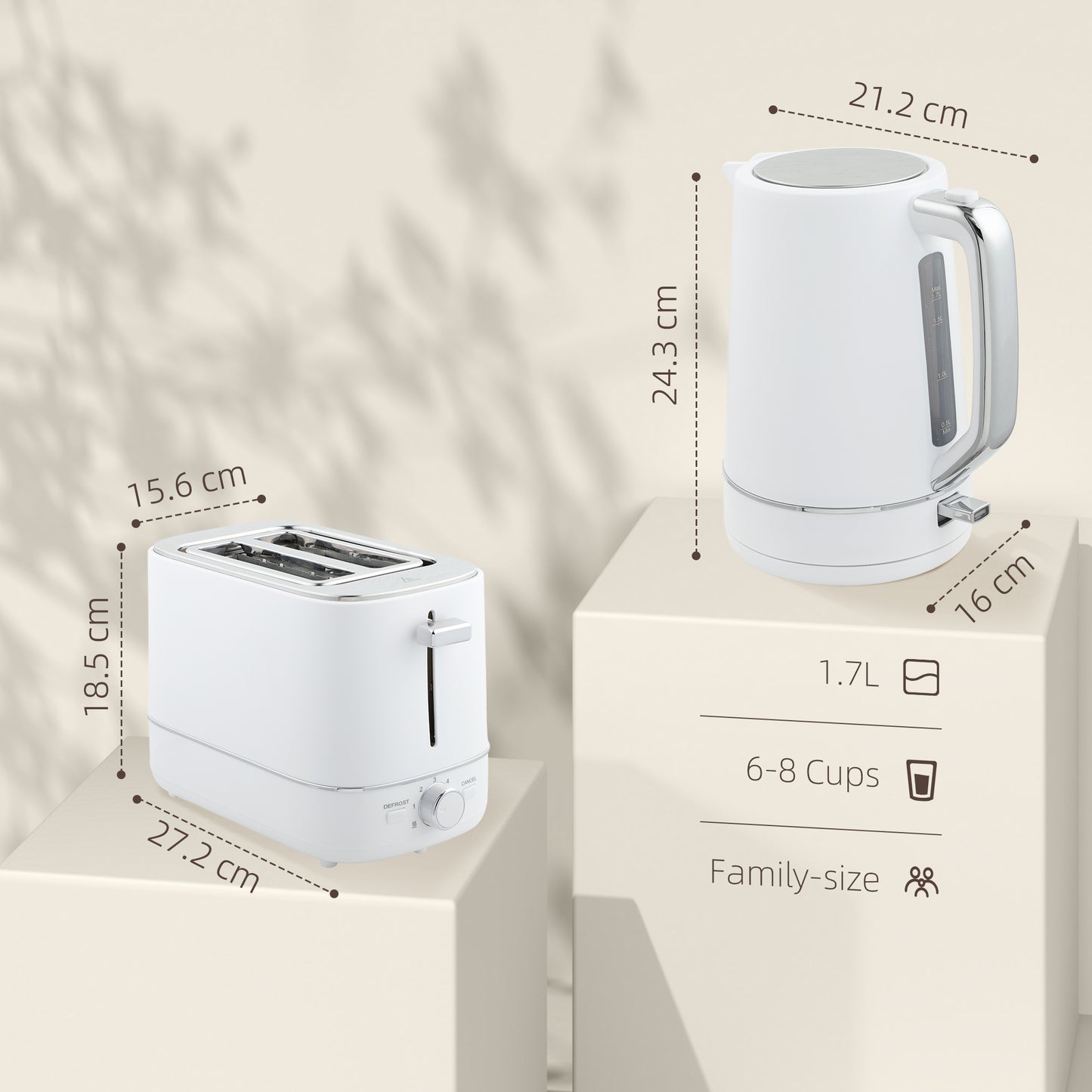 HOMCOM Kettle and Toaster Set 1.7L 3000W Boil Kettle and 2 Slice Toaster White with 6 Browning Levels Defrost Reheat