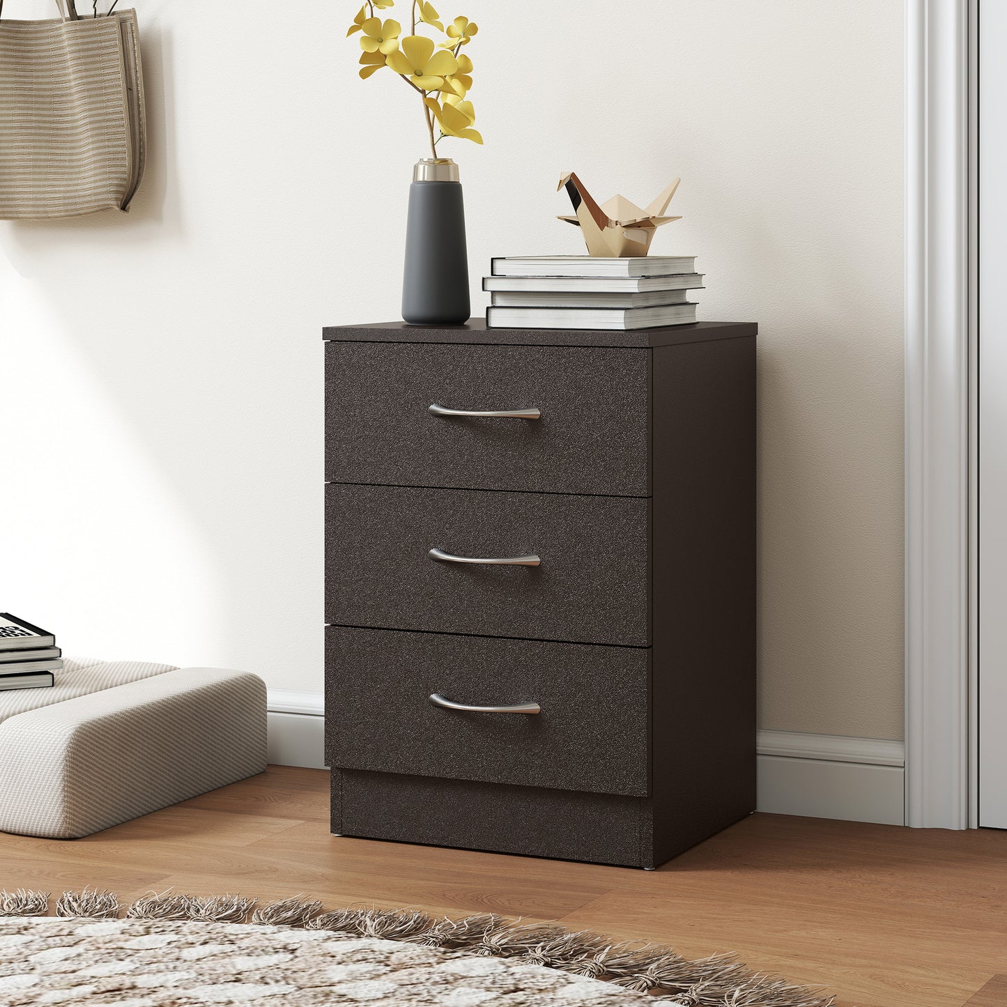 HOMCOM Three Drawer Bedside Table Black Nightstand With Ample Storage For Bedroom Organization