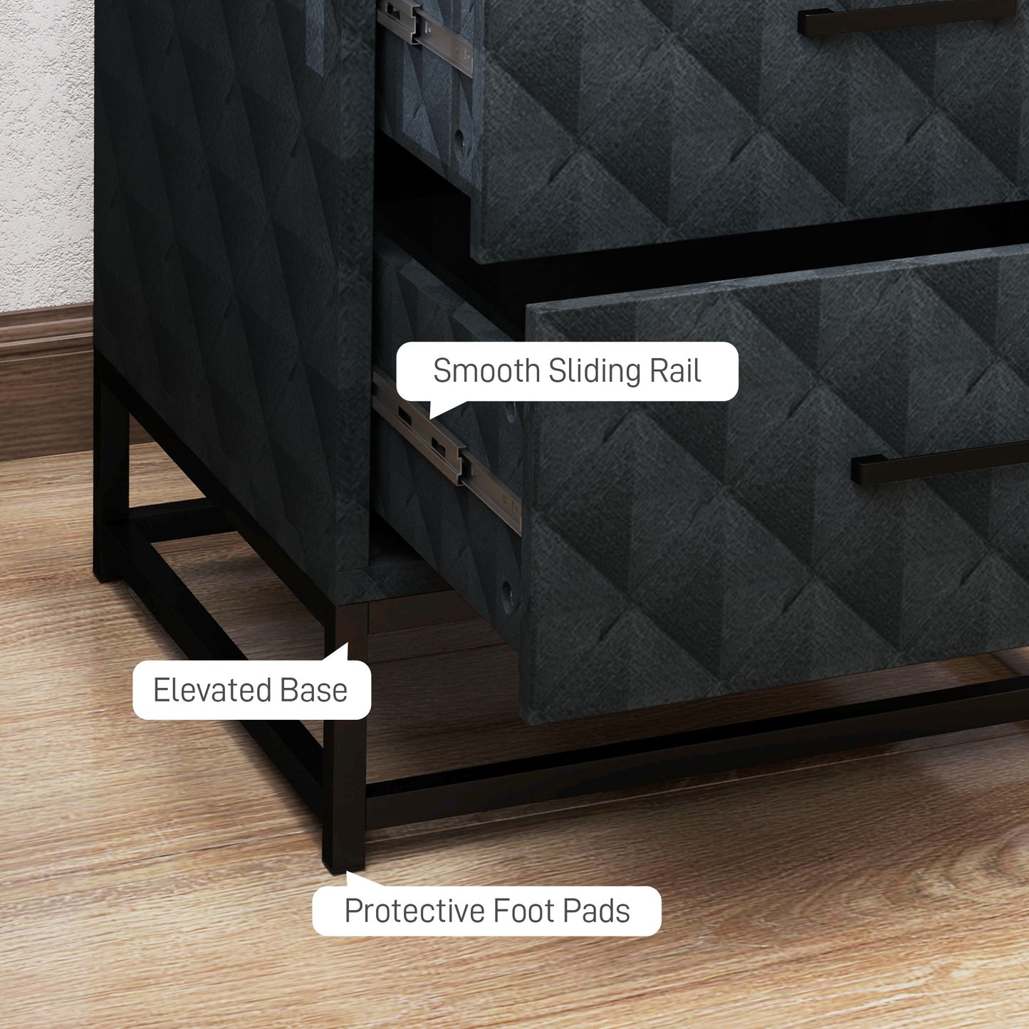 HOMCOM Bedside Tables Set of 2 Modern Nightstands With 2 Drawers Diamond Pattern Veneer Black Steel Legs