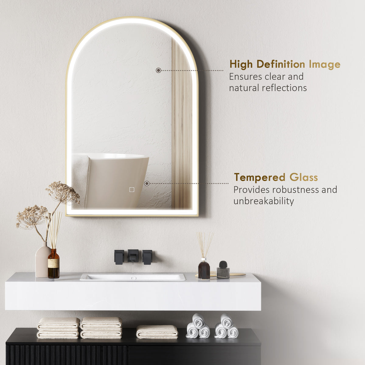 Arched gold LED bathroom mirror with clear high-definition tempered glass