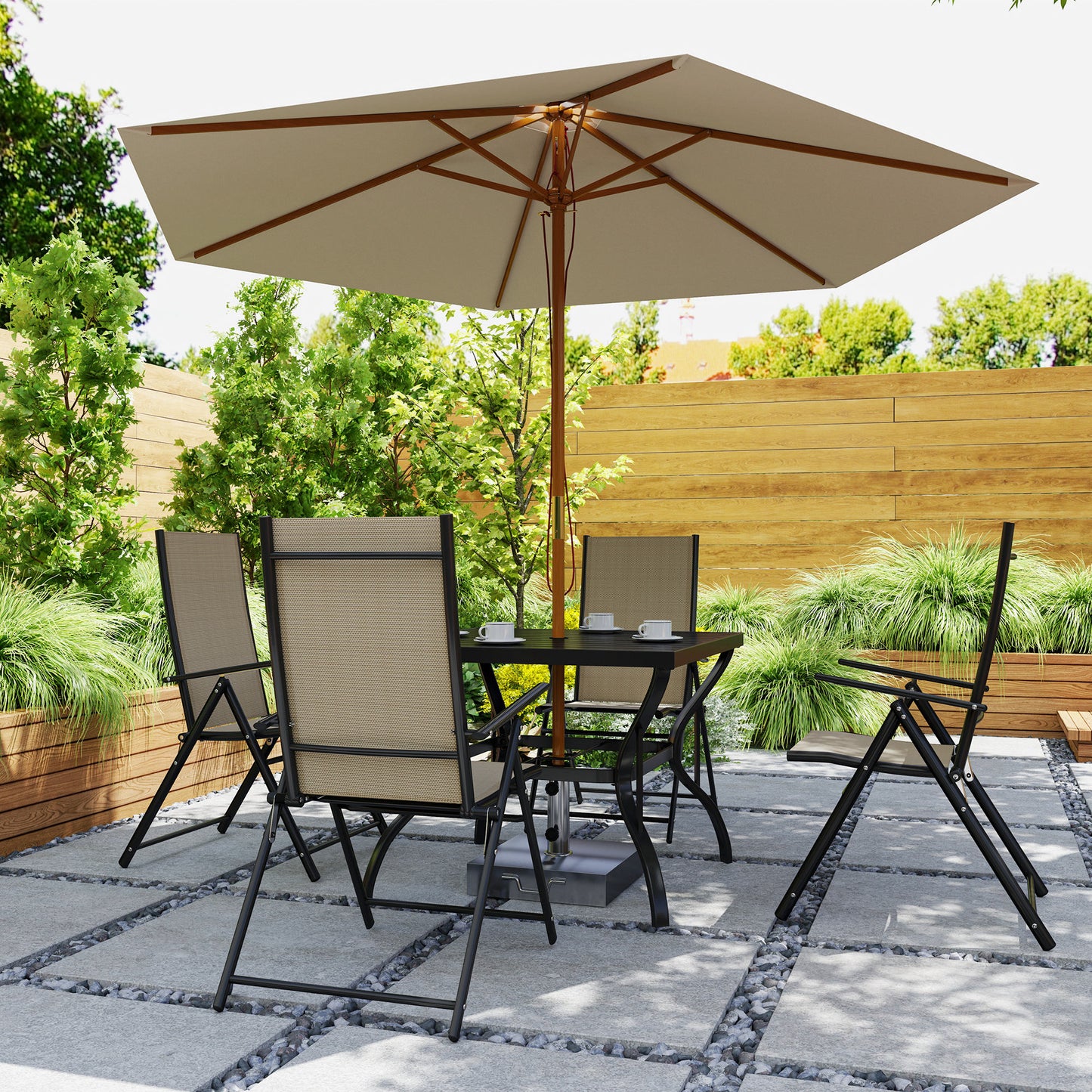 Outsunny Five Piece Steel Frame Outdoor Patio Set With Square Table And Folding Chairs Khaki And Black