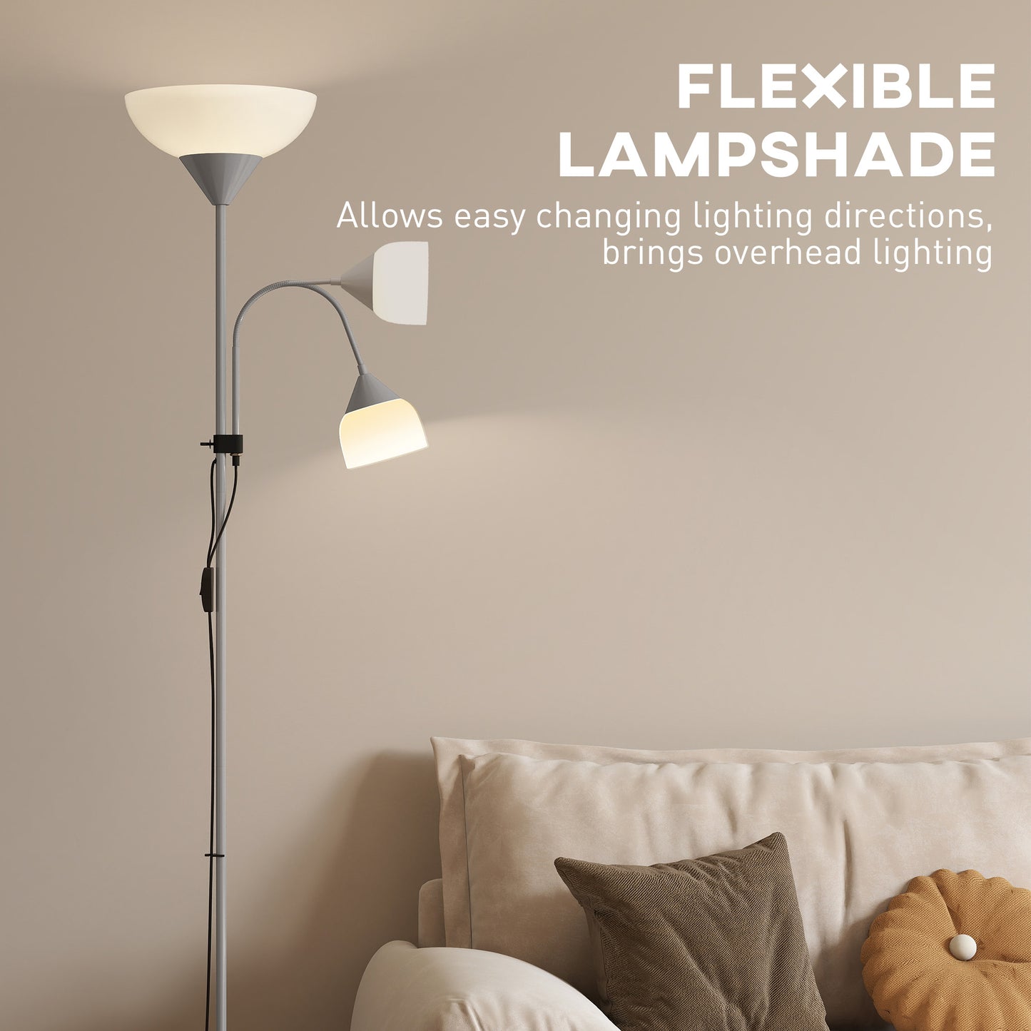 HOMCOM LED Floor Lamp 180cm Living Room Mother And Child Uplighter Adjustable Gooseneck 3000K 4500K 6500K Silver