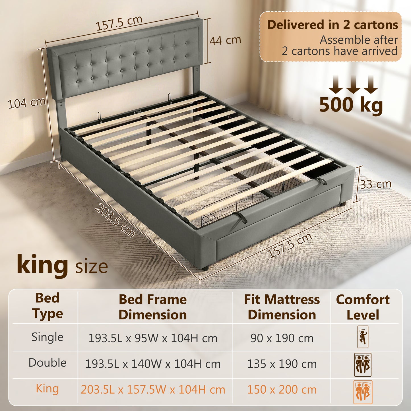 HOMCOM Genuine PU Leather King Size Ottoman Bed Frame With Front Drawer Storage Grey