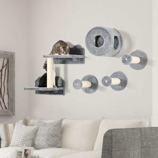 PawHut Grey Cat Wall Furniture with Perch, Condo, Scratching Post - 5Pcs - ALL4U RETAILER LTD