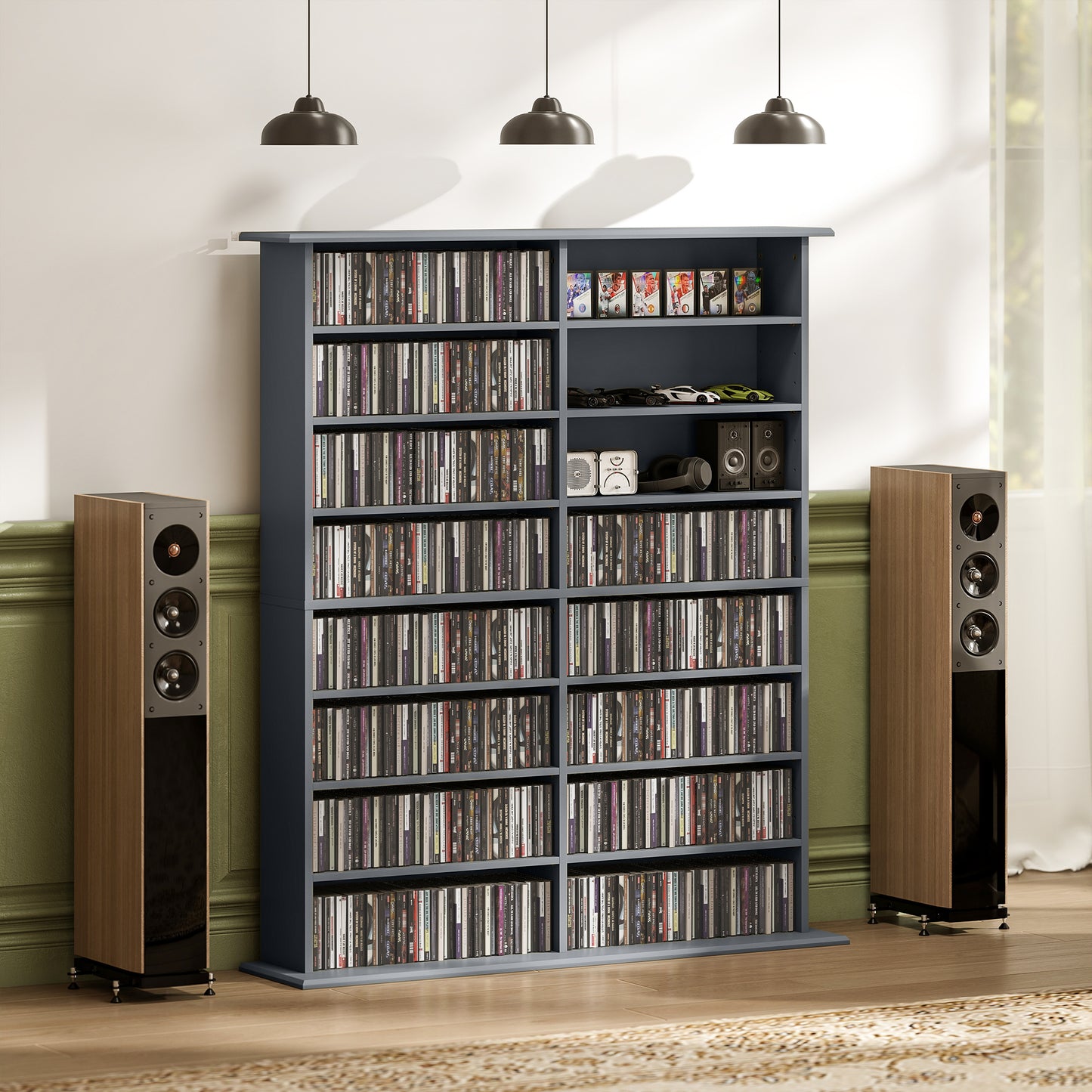 HOMCOM 16 Compartment Media Shelf Grey With 12 Adjustable Shelves Holds 720 CDs 396 DVDs Or Blu Rays Anti Tip Straps