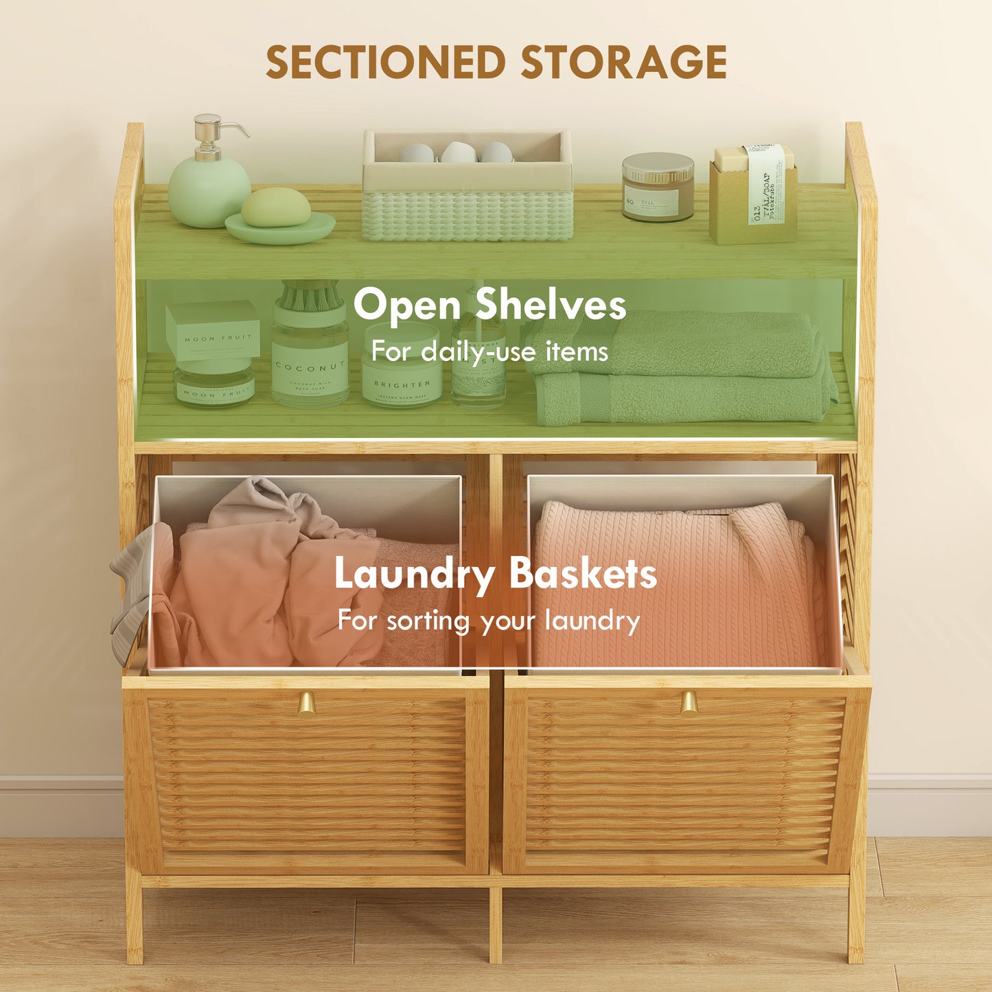 HOMCOM Double Tilt Out Bamboo Laundry Cabinet Freestanding Bathroom Storage With 2 Removable Baskets Natural Finish